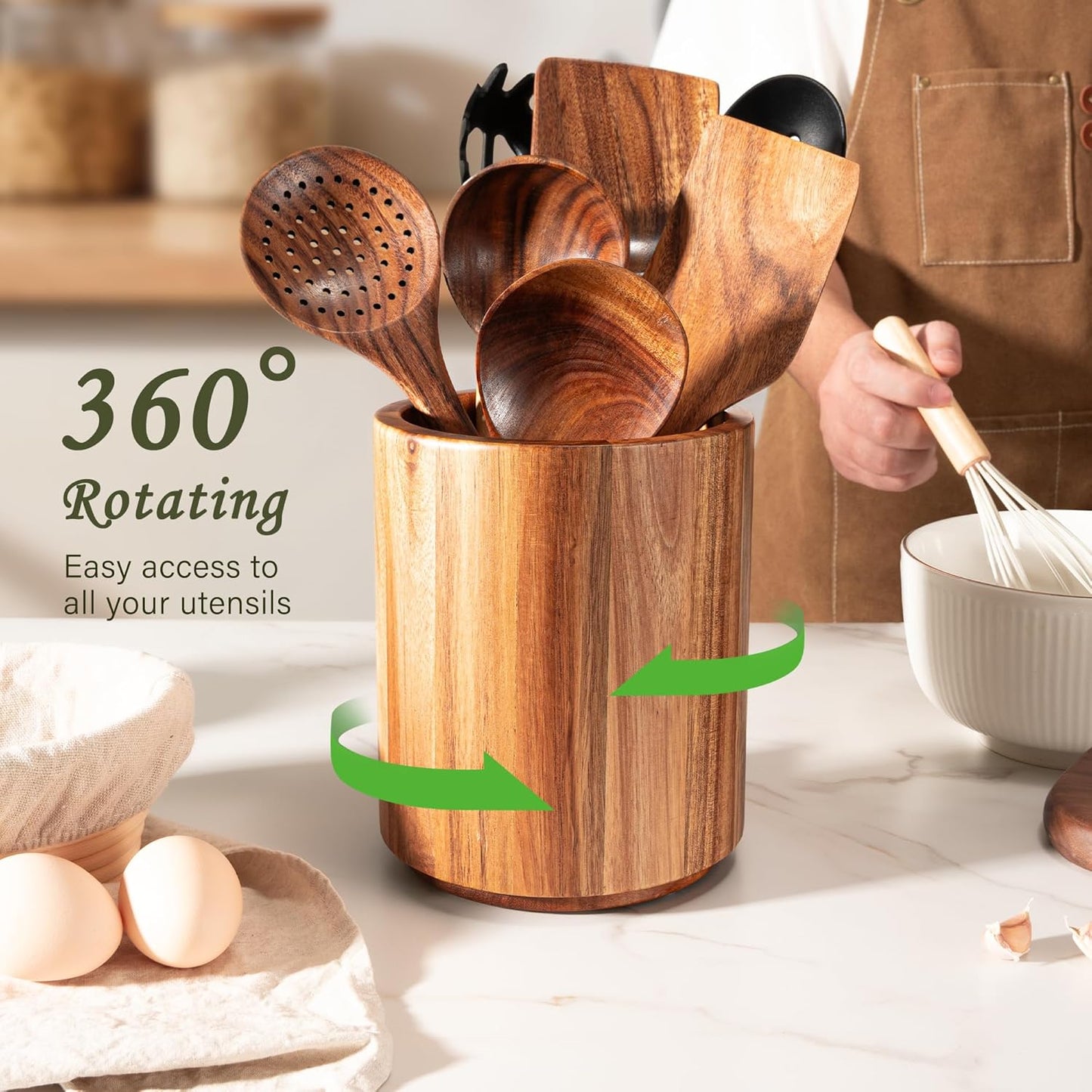 Utensil Holder 3 Pack, 360° Rotating Acacia Wood Cooking Utensil Crocks for Kitchen Counter, Farmhouse & Modern Decor
