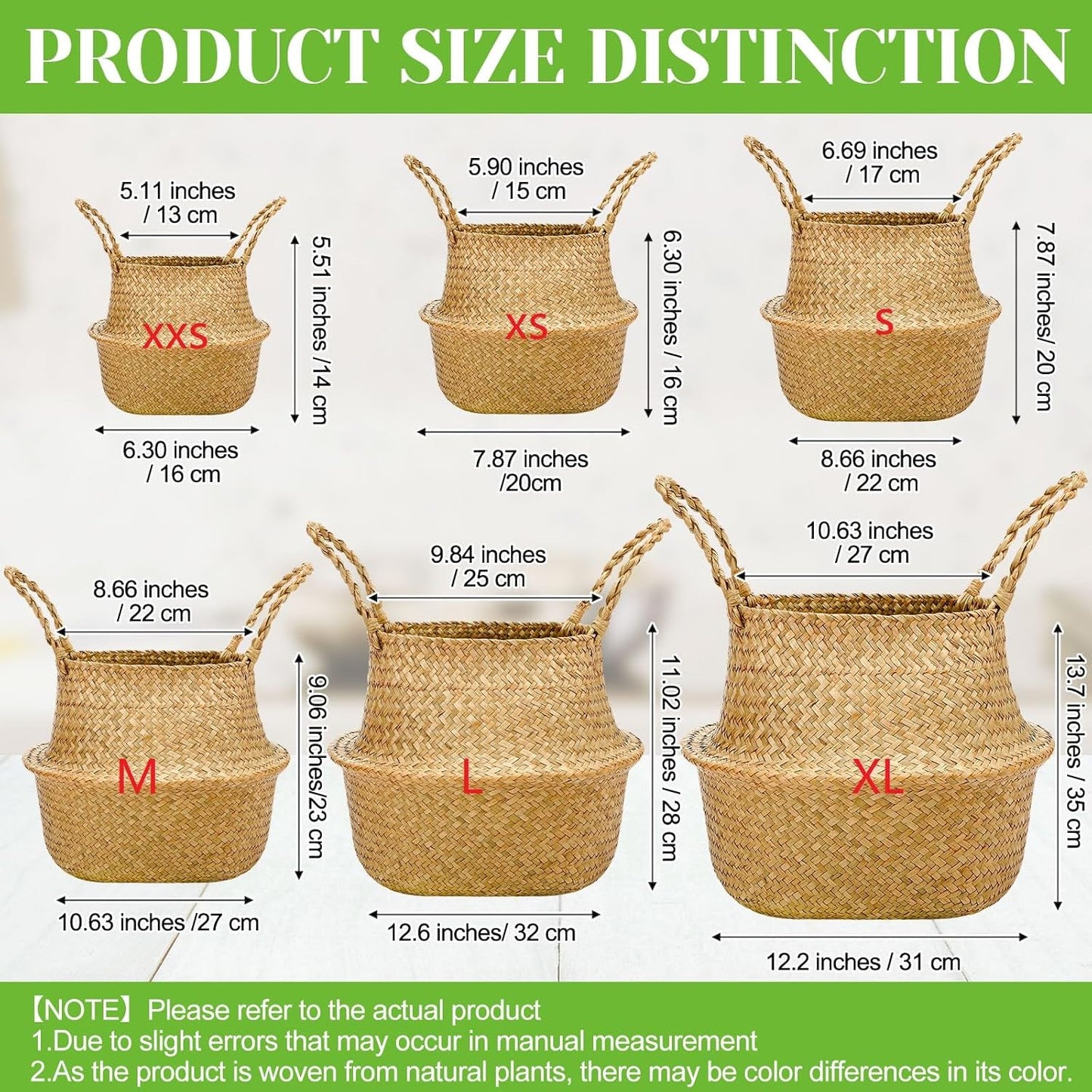 Woven Seagrass Baskets Belly Basket Folding Boho Plant Pot / Xxs,6.3''dx5.5''h / Natural / Set of 4