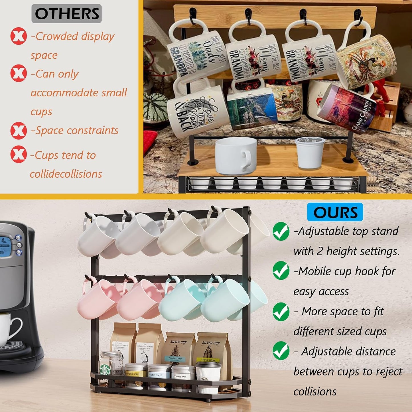 Coffee Mug Holder with Movable Hooks,16 Capacity Coffee Cup Holder for Countertop, Metal Mug Tree Holder Rack with