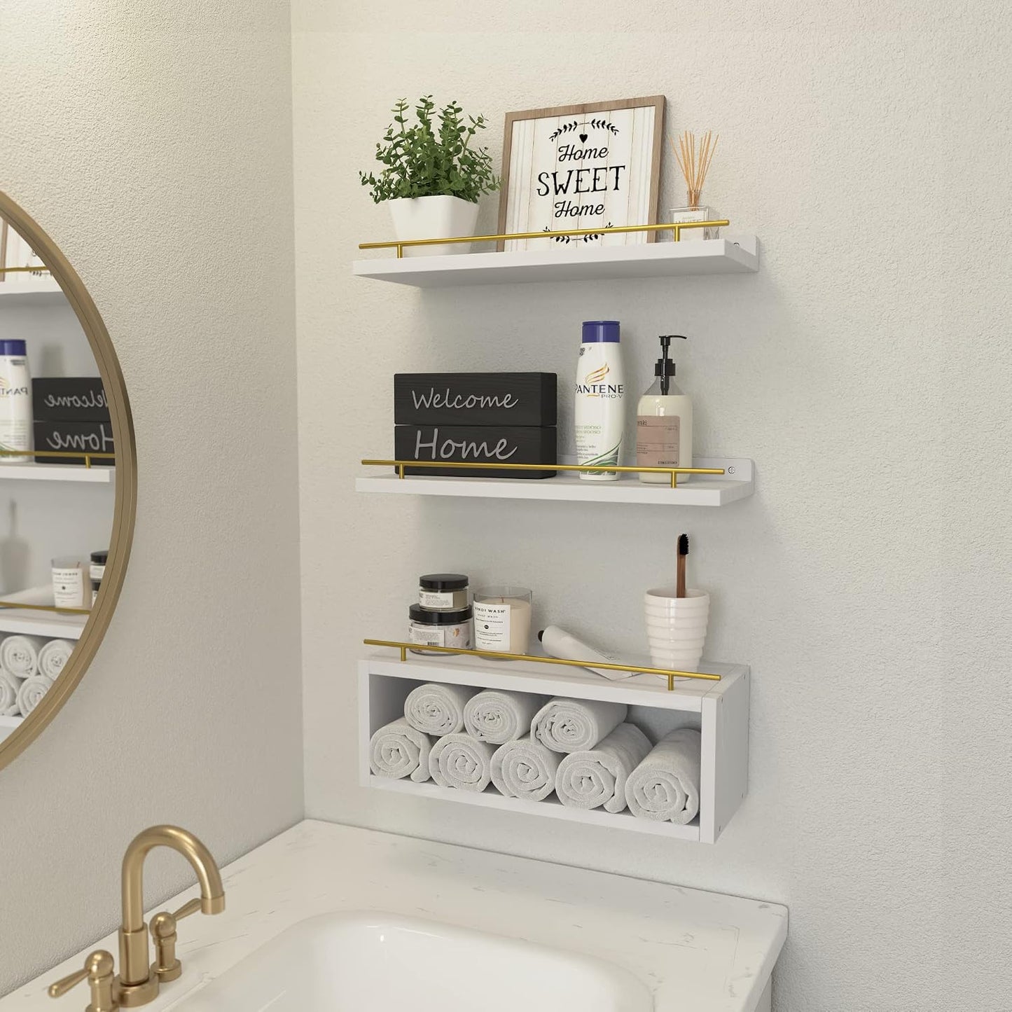 Floating Shelves for Wall with Cube Shelf, Wall Shelves with Metal Rail for Decor, Bathroom Organizers and Storage