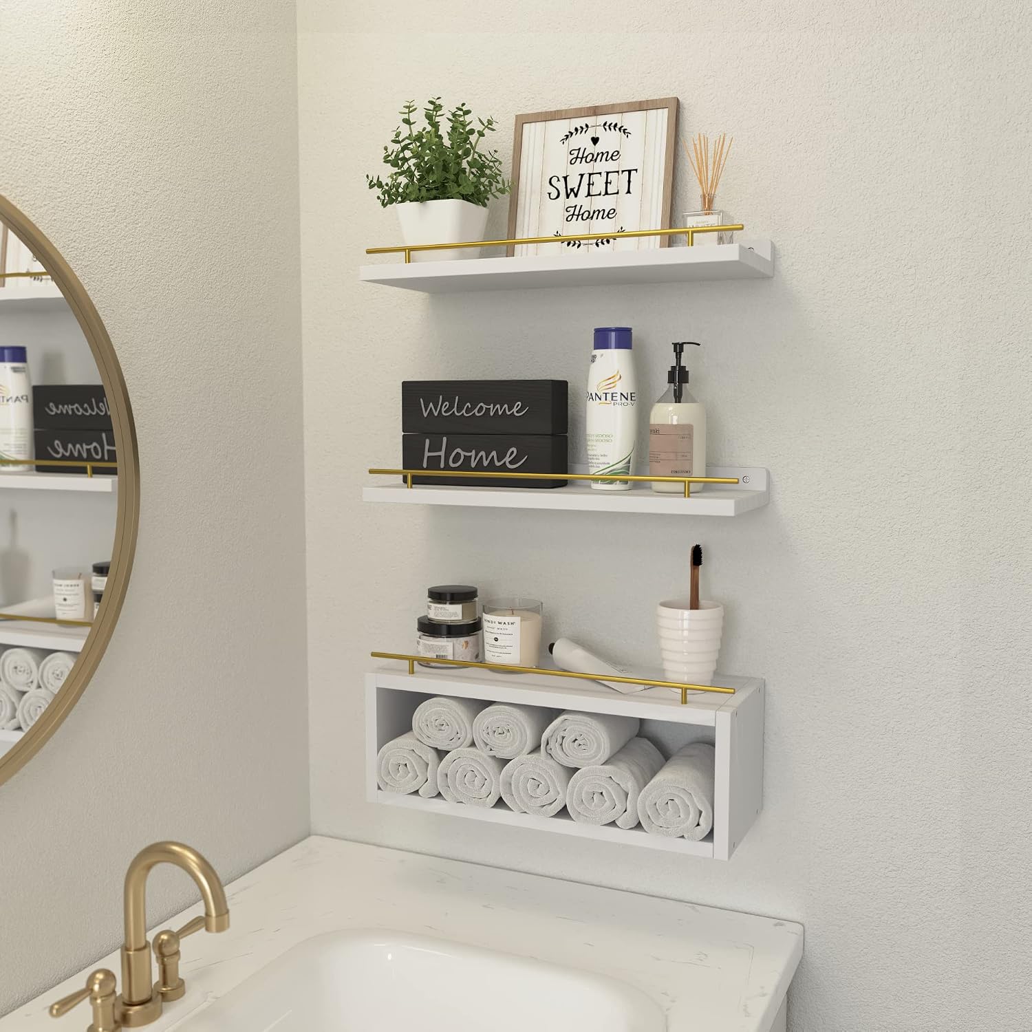 Floating Shelves for Wall with Cube Shelf, Wall Shelves with Metal Rail for Decor, Bathroom Organizers and Storage
