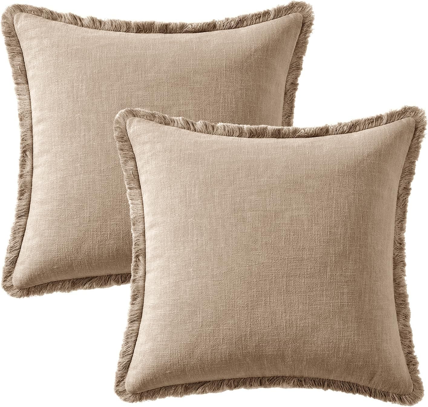 Decorative Linen Fringe Throw Pillow Covers Boho Accent Farmhouse / 20 x 20 / Camel / Set of 2