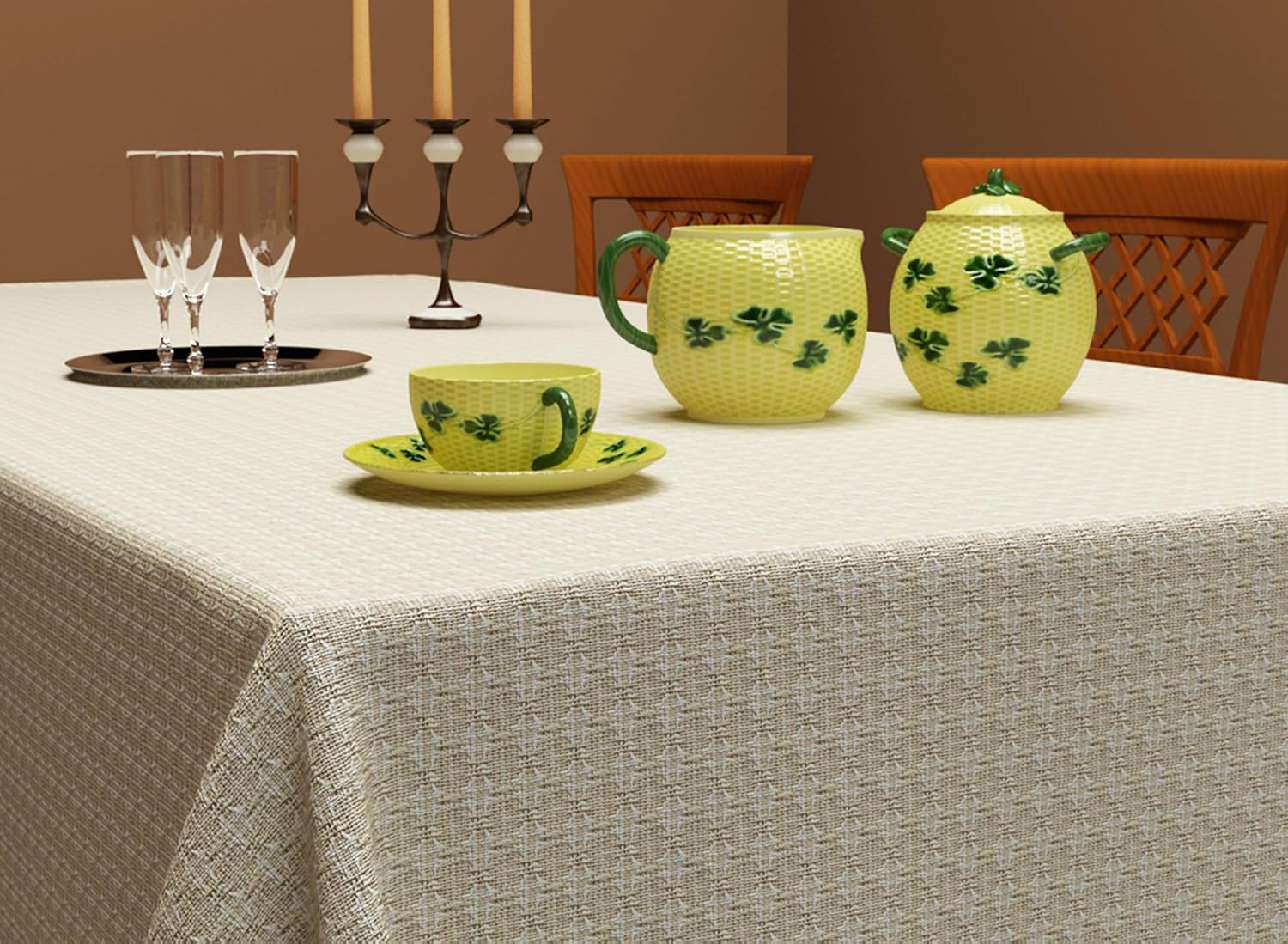 Table Cloth, Natural/Ivory Woven Fringed, 100% Cotton Table Cover, Size 60x84 Inch, Suitable for Formal Dining