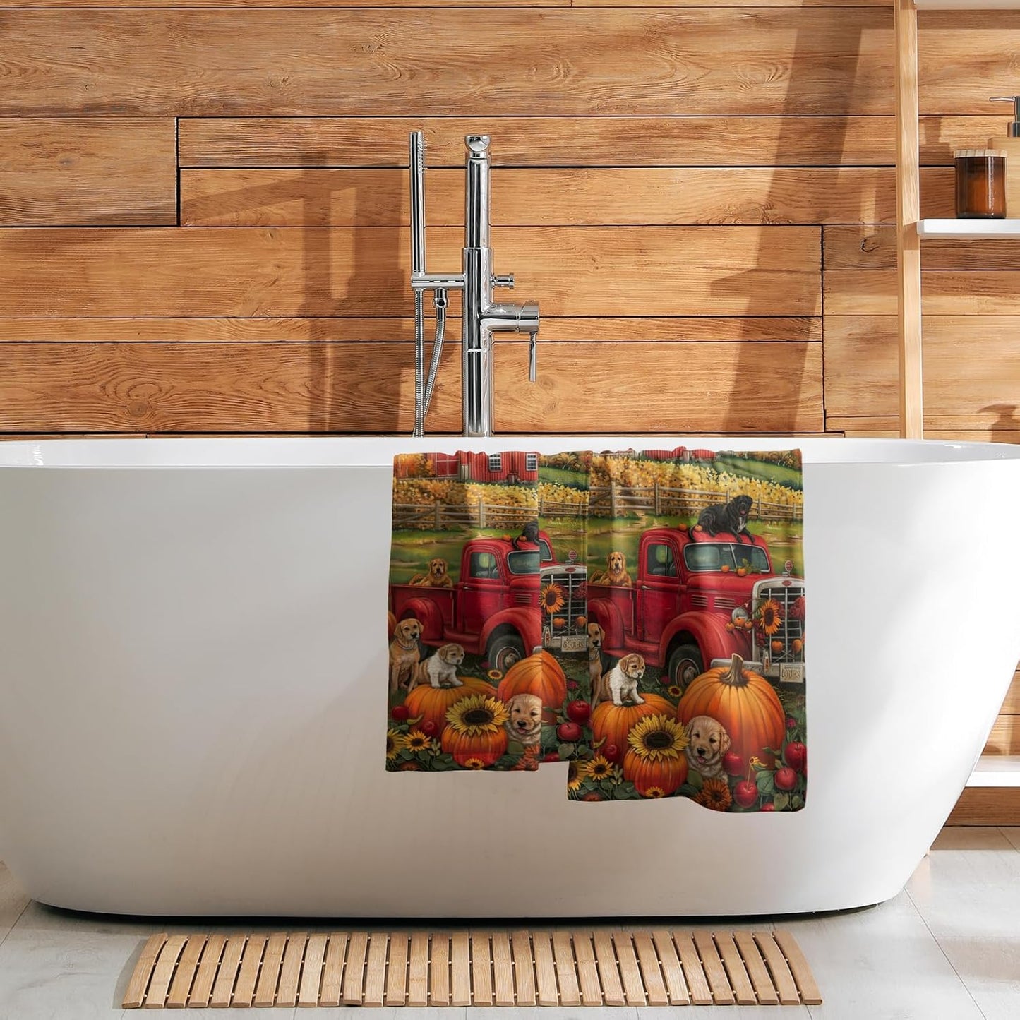Giwawa Fall Farm Dogs Hand Towels Set of 2 Red Truck Decorative Dish Towel Soft Absorbent Seasonal Bath Towels for