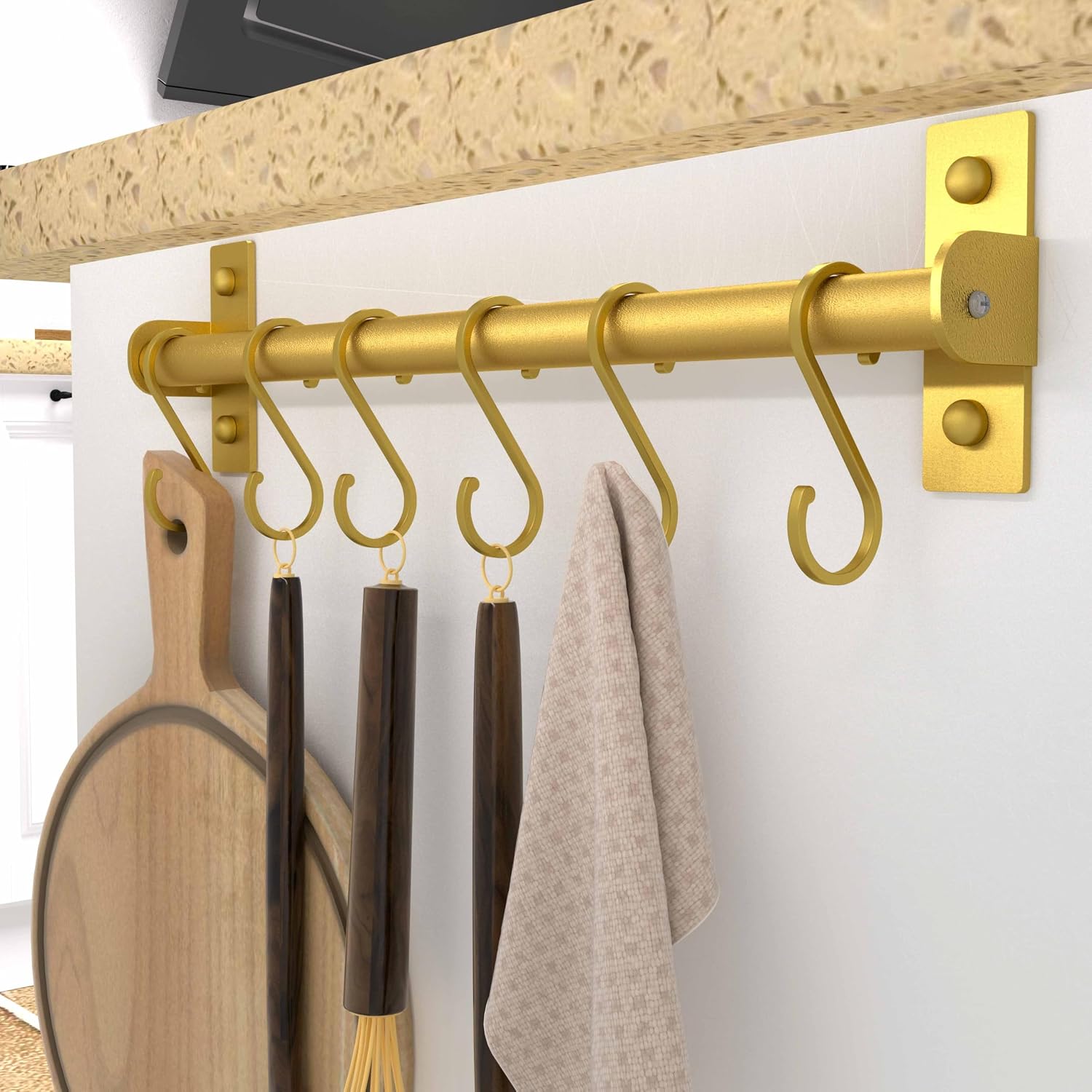 Kitchen Utensil Holder Hanger, Pot and Pan Rack Wall Mounted, Kitchen Rail with 8 Hooks for Hanging Cooking Utensils