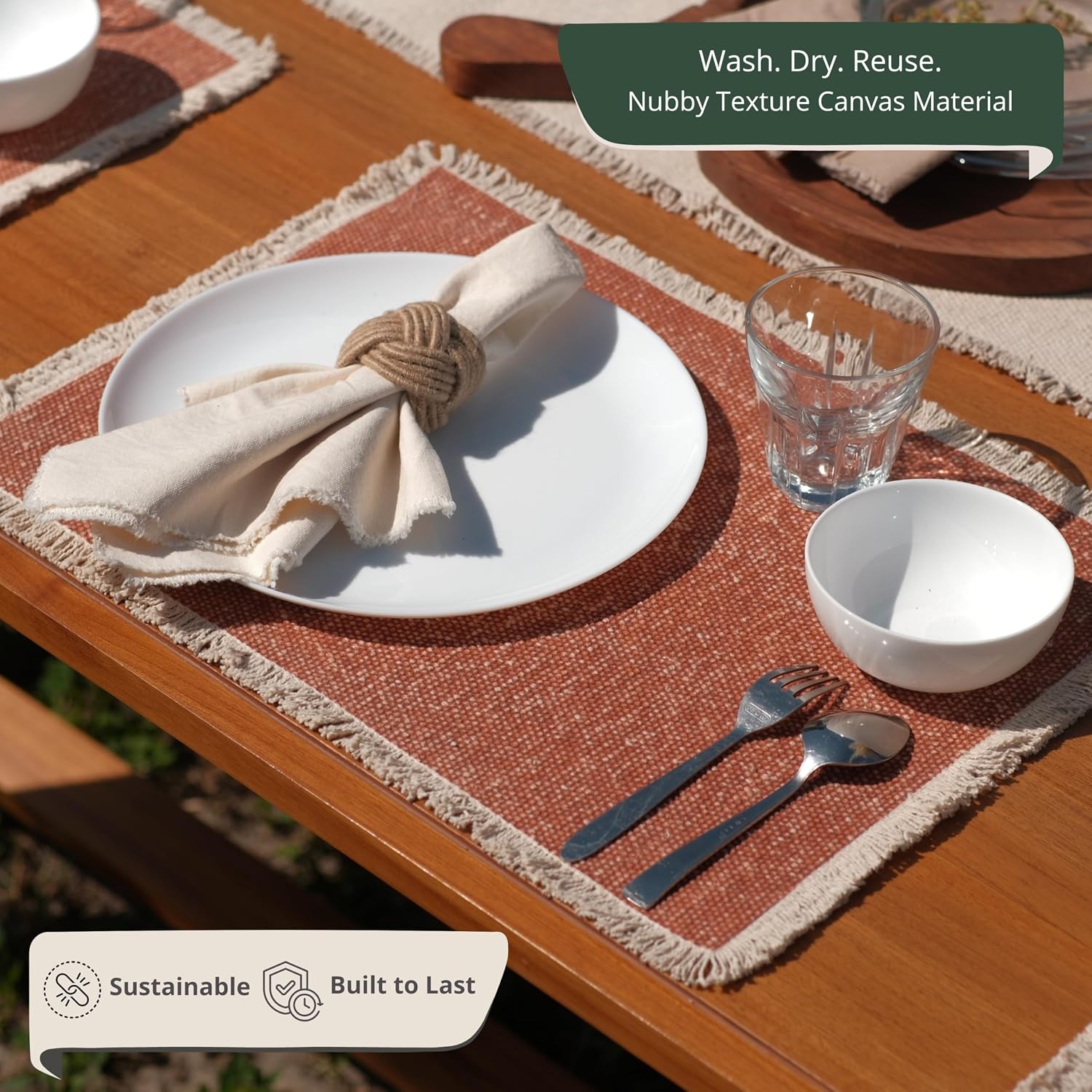 Hausattire Cotton Frayed Placemats Set of 6 Dining Table 14x14 Inch | Rustic Harvest Boho Washable Easter Placemat for