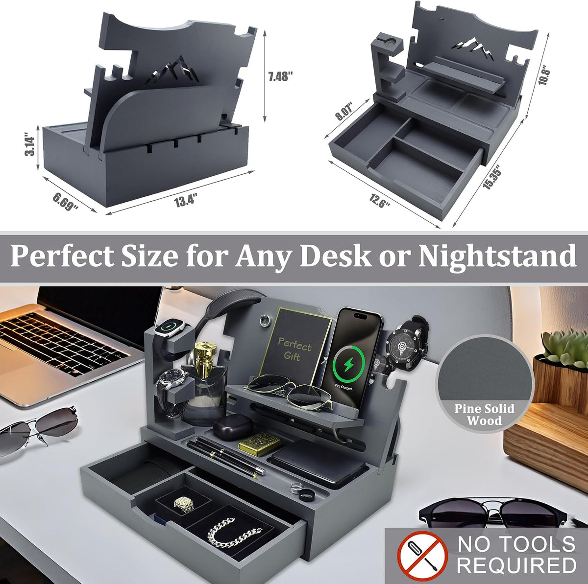 Nightstand Organizer for Men with Large Drawer, Wood Phone Docking Station for Phone, Apple Watch, Wallet & Keys, Ideal