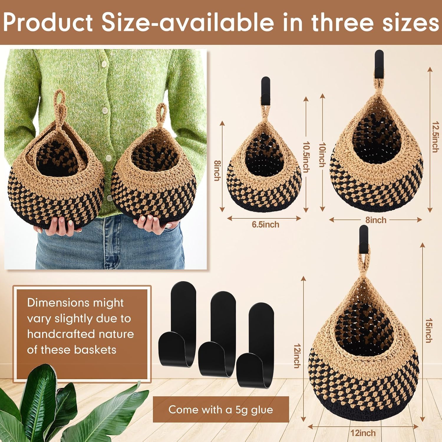 Boho Decor Hanging Wall Baskets / Linen with Black / Cotton Rope / Teardrop / Set of 3