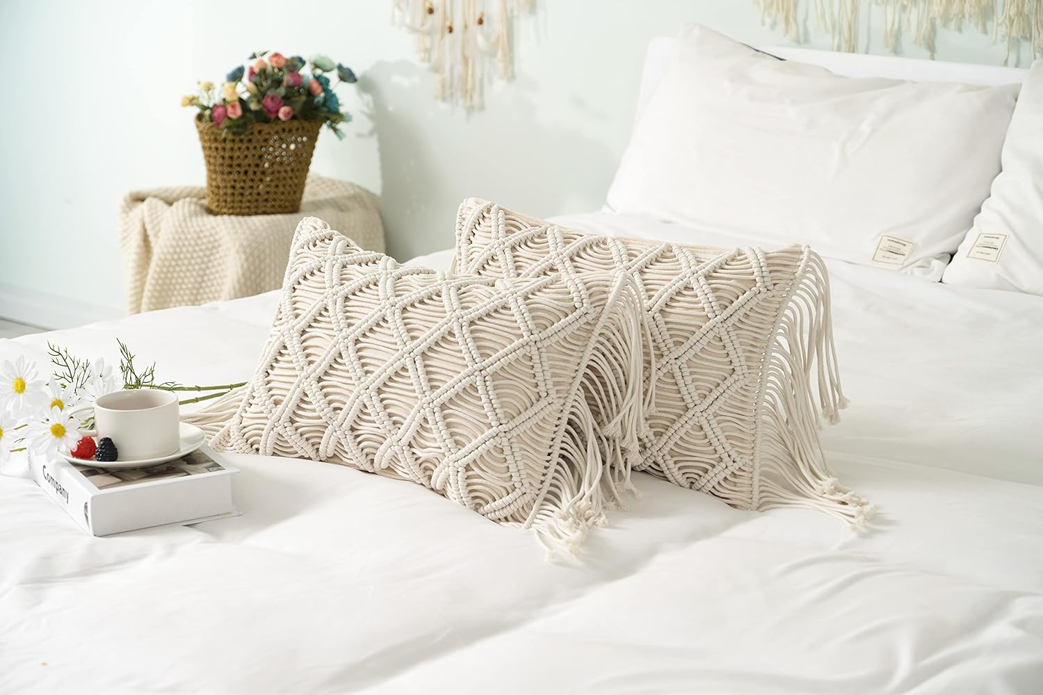 Macrame Lumbar Pillow Cover- Decorative Thorw Pillowcase Boho Tassel Cushion Covers / A / Set of 2