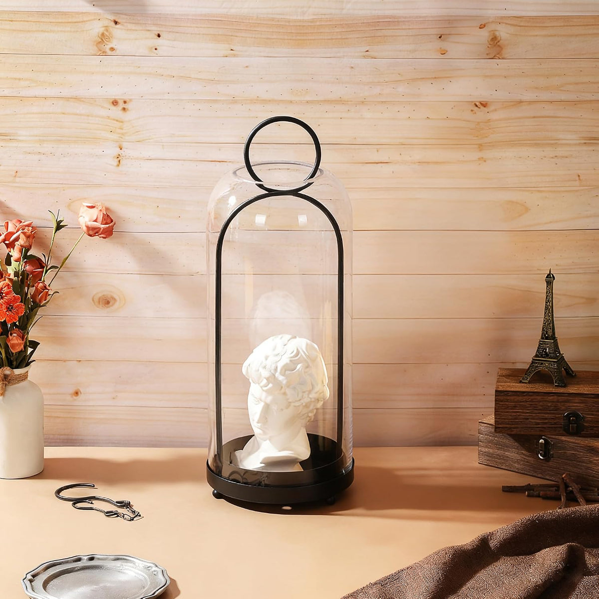 16" High Versatile Modern Metal Hurricane Lantern with Handmade Sturdy Glass Dome in Black for Pillar Candle & Plants