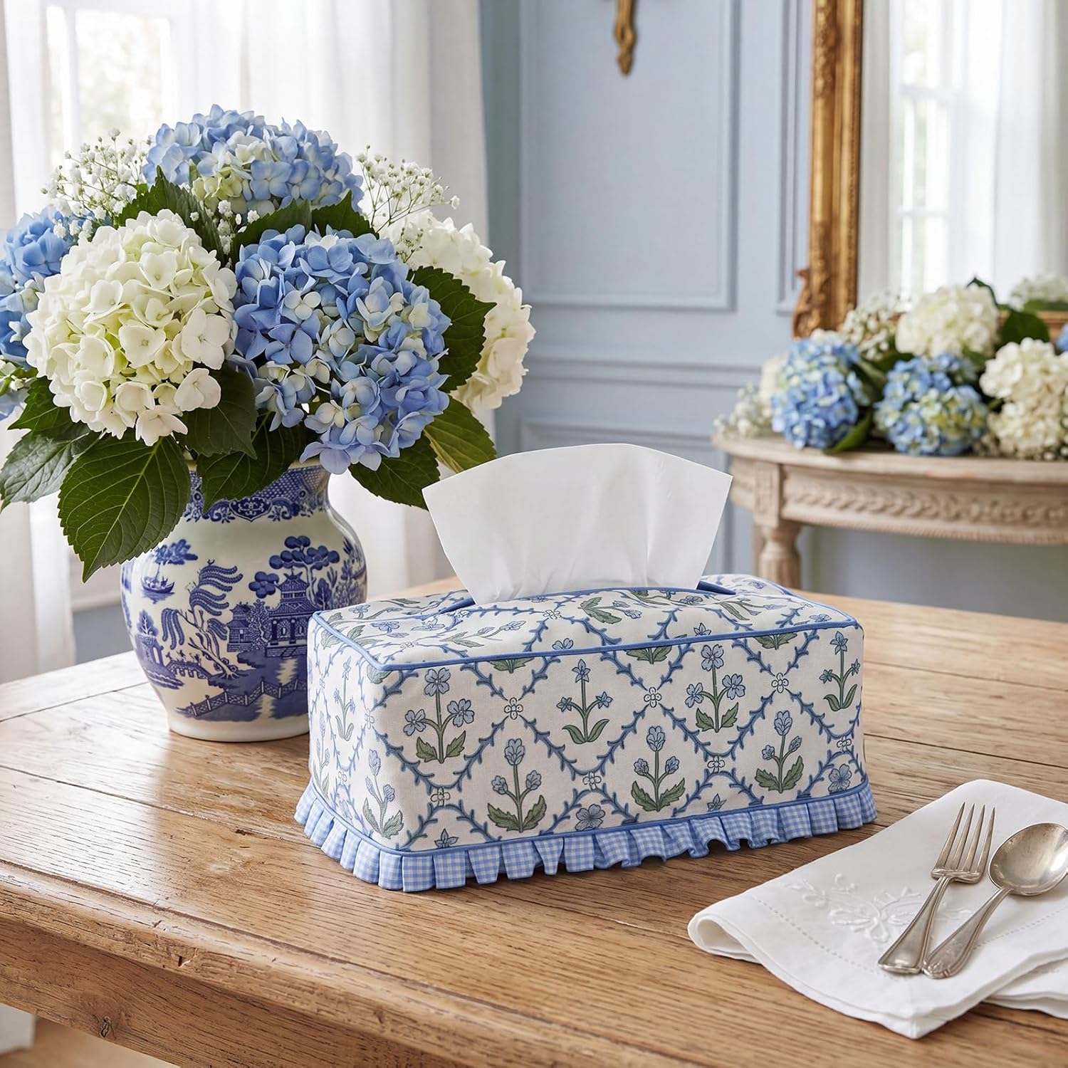 Ruffle Boho Fabric Tissue Box Cover / Trellis Floral