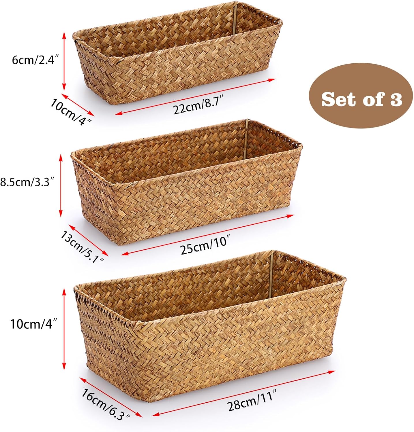 3 Wicker Basket Set Rectangular Handwoven Seagrass Basket Storage / Caramel / Natural / Set of 3