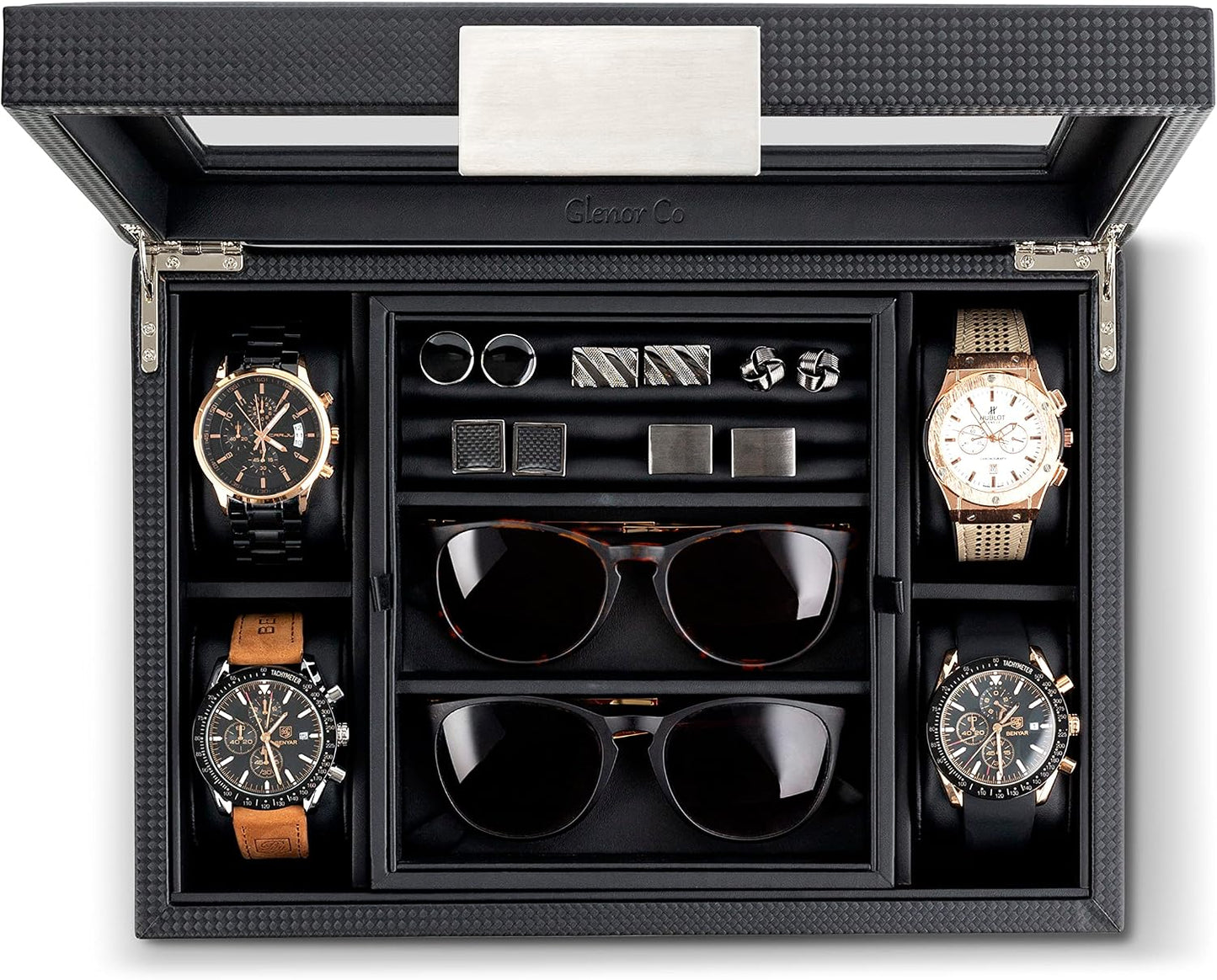 Glenor Co Valet Jewelry Box for Men - Holds 4 Watches, 12 cufflinks, 2 Sunglasses & Tray Storage - Mens Watch Case