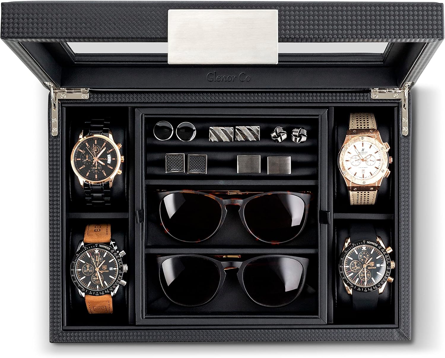Glenor Co Valet Jewelry Box for Men - Holds 4 Watches, 12 cufflinks, 2 Sunglasses & Tray Storage - Mens Watch Case