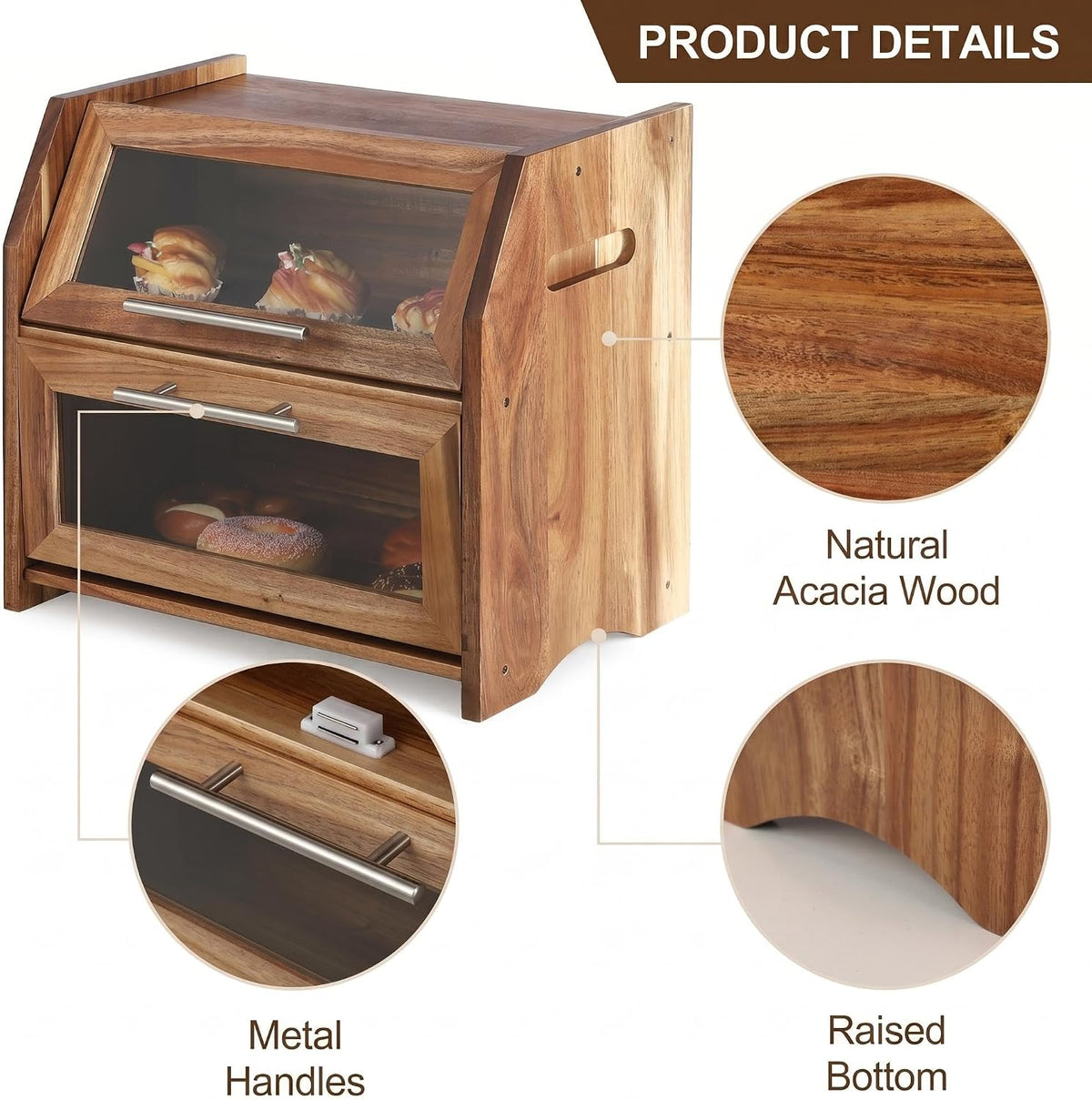 Garvee Acacia Wood Double Layer Bread Box, Clear Acrylic Door | Ventilation Design, Compact Countertop Organizer