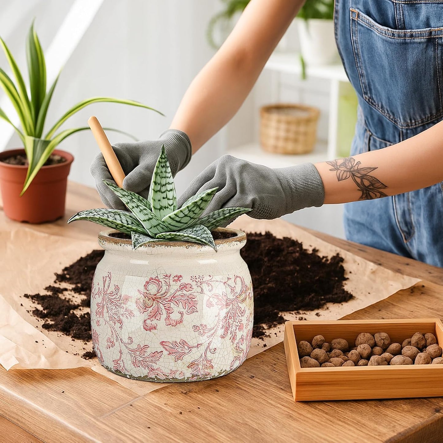 Vintage Planter Large Ceramic Plants Pot Ice Crack Cottage Scroll Vase Flower / Floral Scroll / Pink