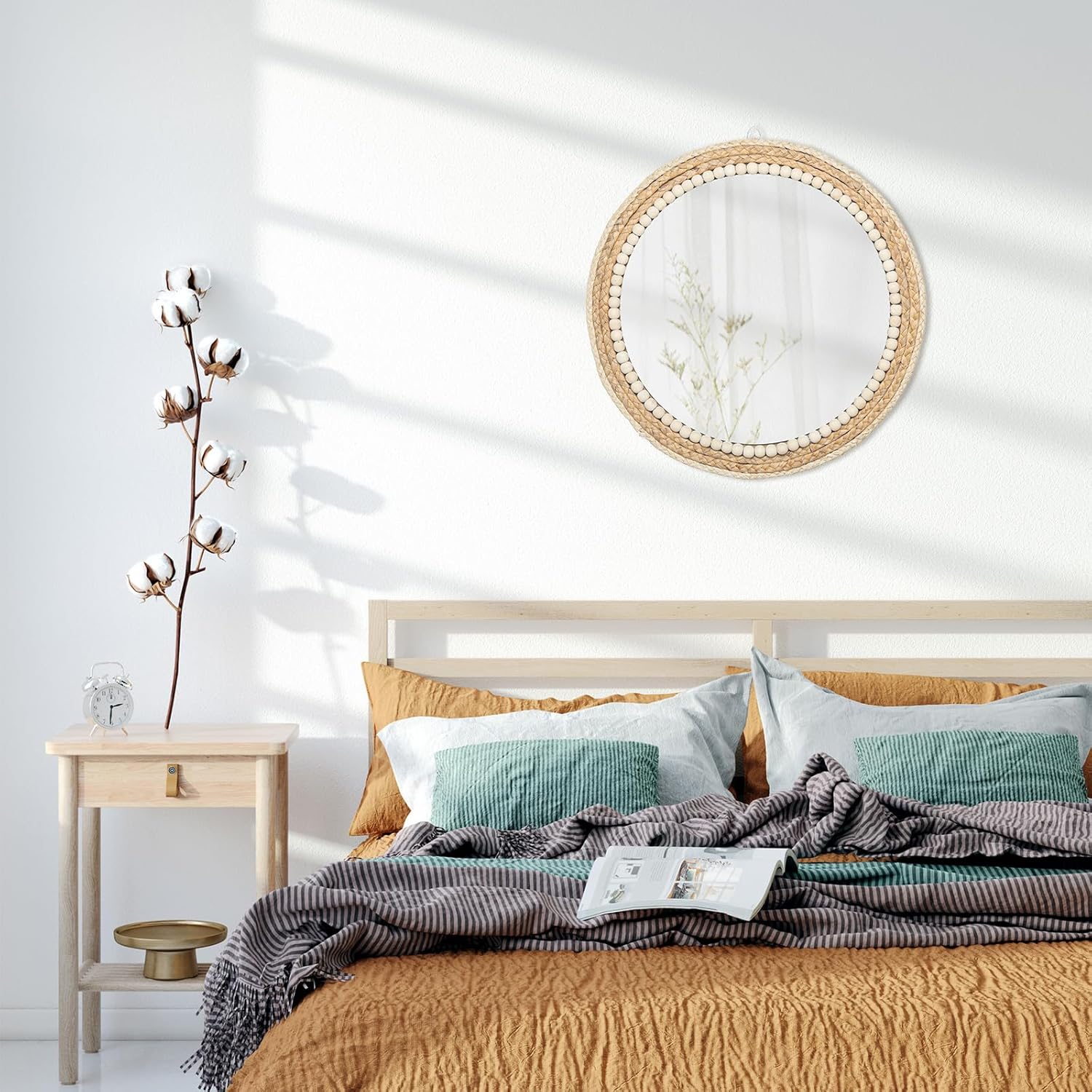 Boho Round Hanging Wall Mirror Decorative Rattan Circle Mirrors / 18 Inch Wood / 18 Inch