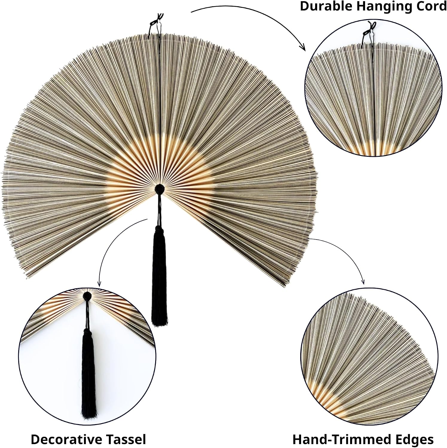 Large Bamboo Fan Wall Art For Boho Hanging Headboard / Gray / 48inch