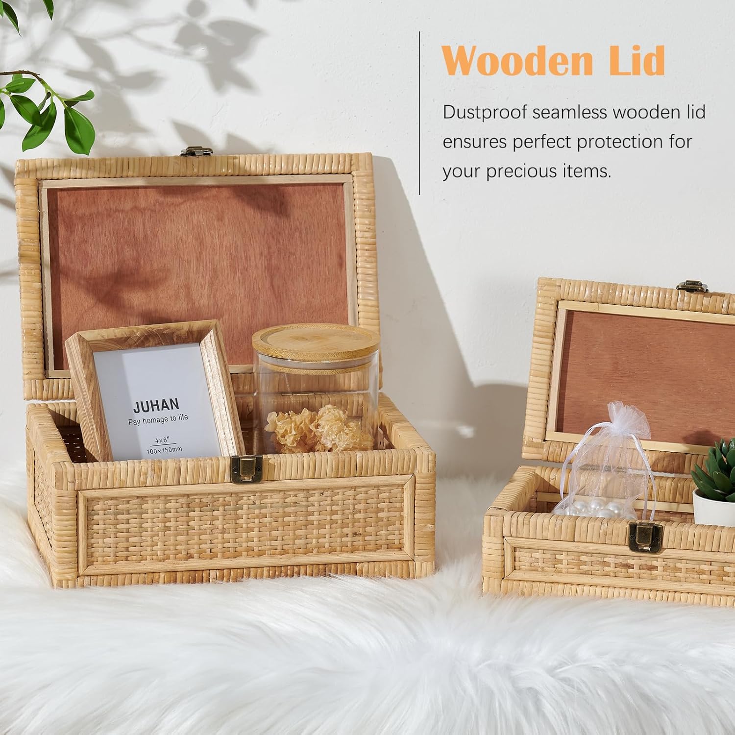 Lid Decorative Handmade Boho Baskets Woven Wicker Cane Bins Keepsake Memory / Natural / Set of 2