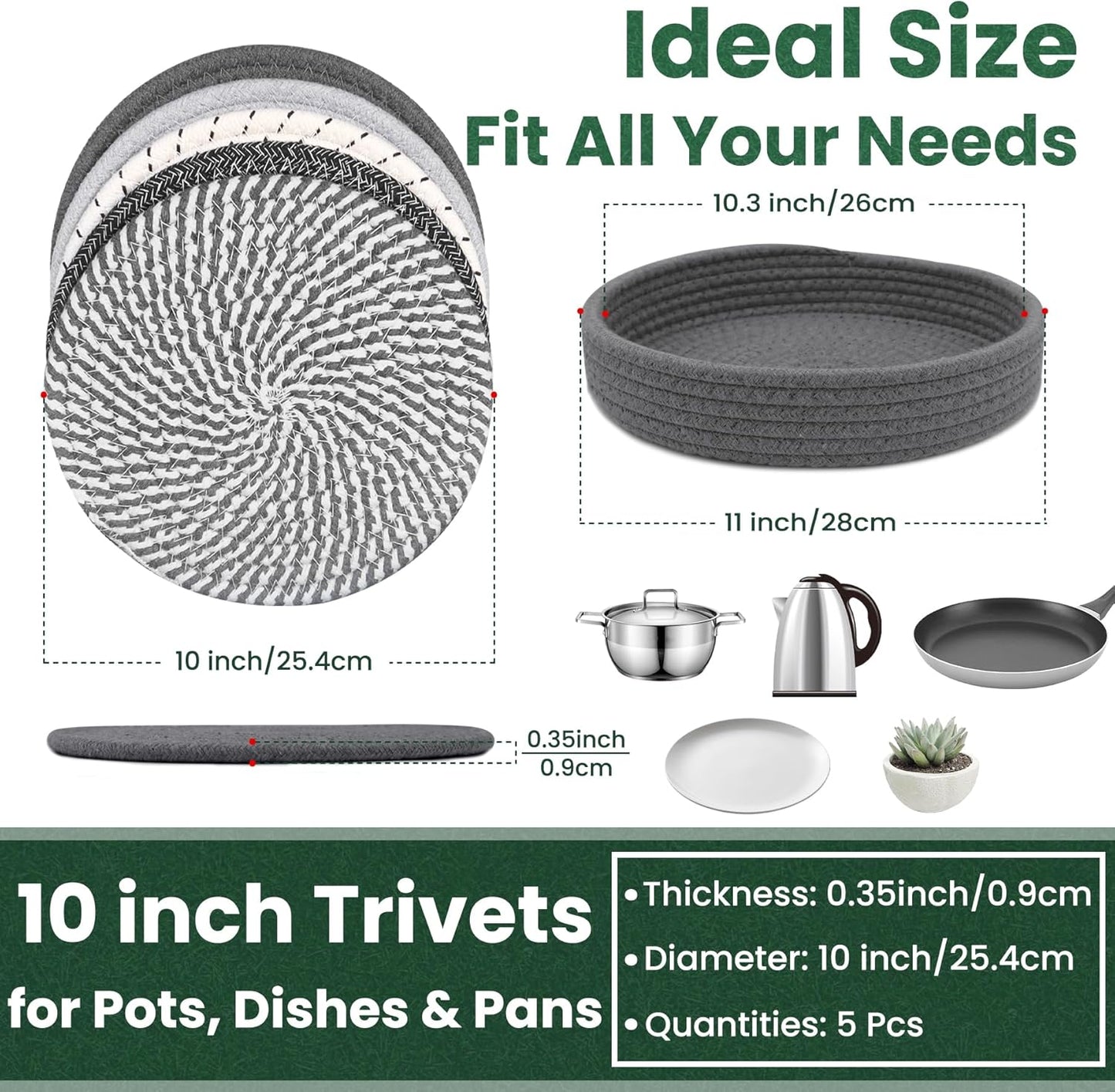 10 Inch Trivets for Hot Dishes, Hot Pots and Pans, 5 Pcs | Comes with Storage Basket, Extra Large Thick Heat Resistant
