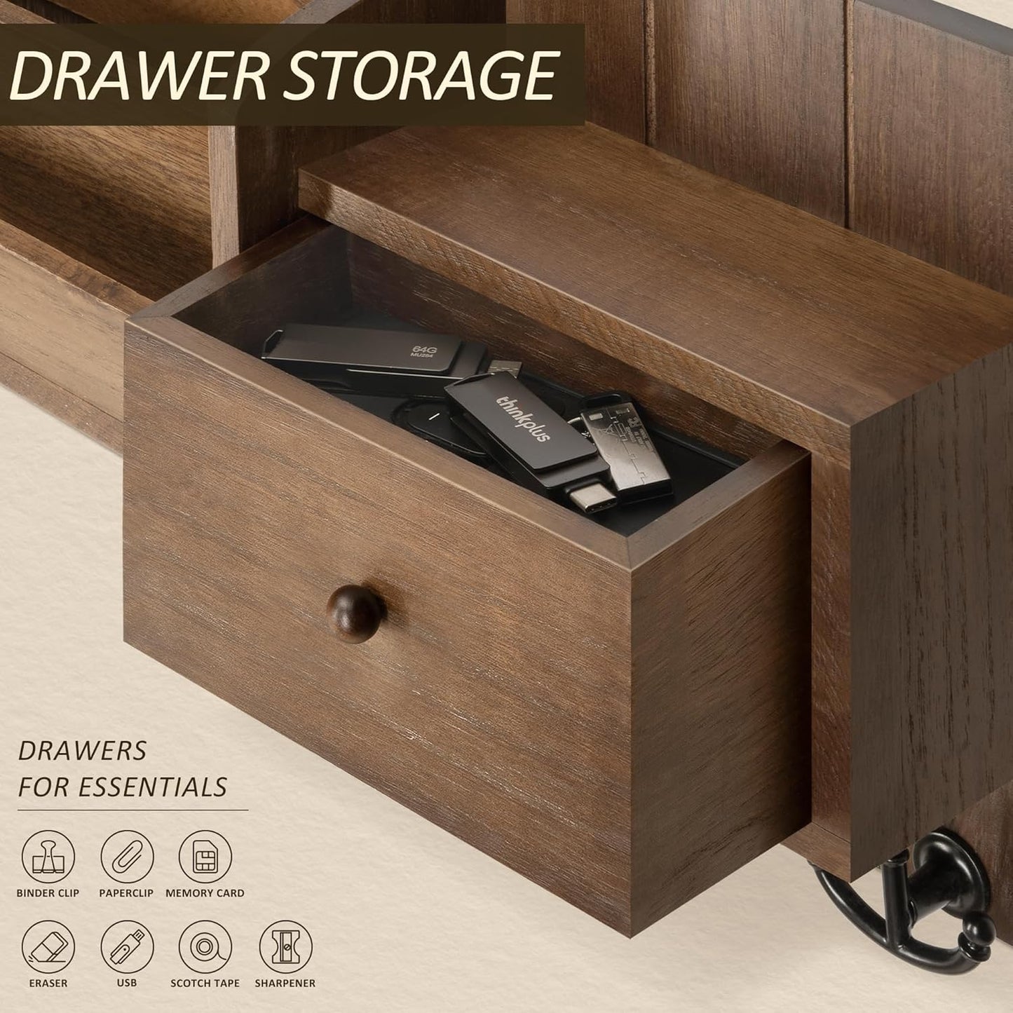 Storage Hooks and Drawer for Modern / Brown