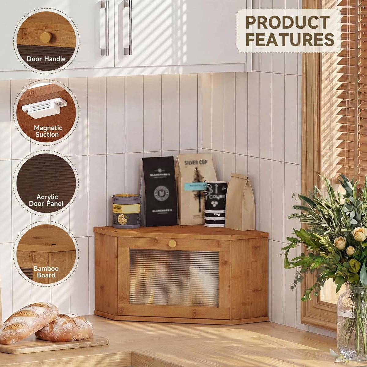 Corner Bread Box For Kitchen Countertop,Bread Storage Bin (Brown, Medium) | Small Bamboo Bread Container,Corner Shelf