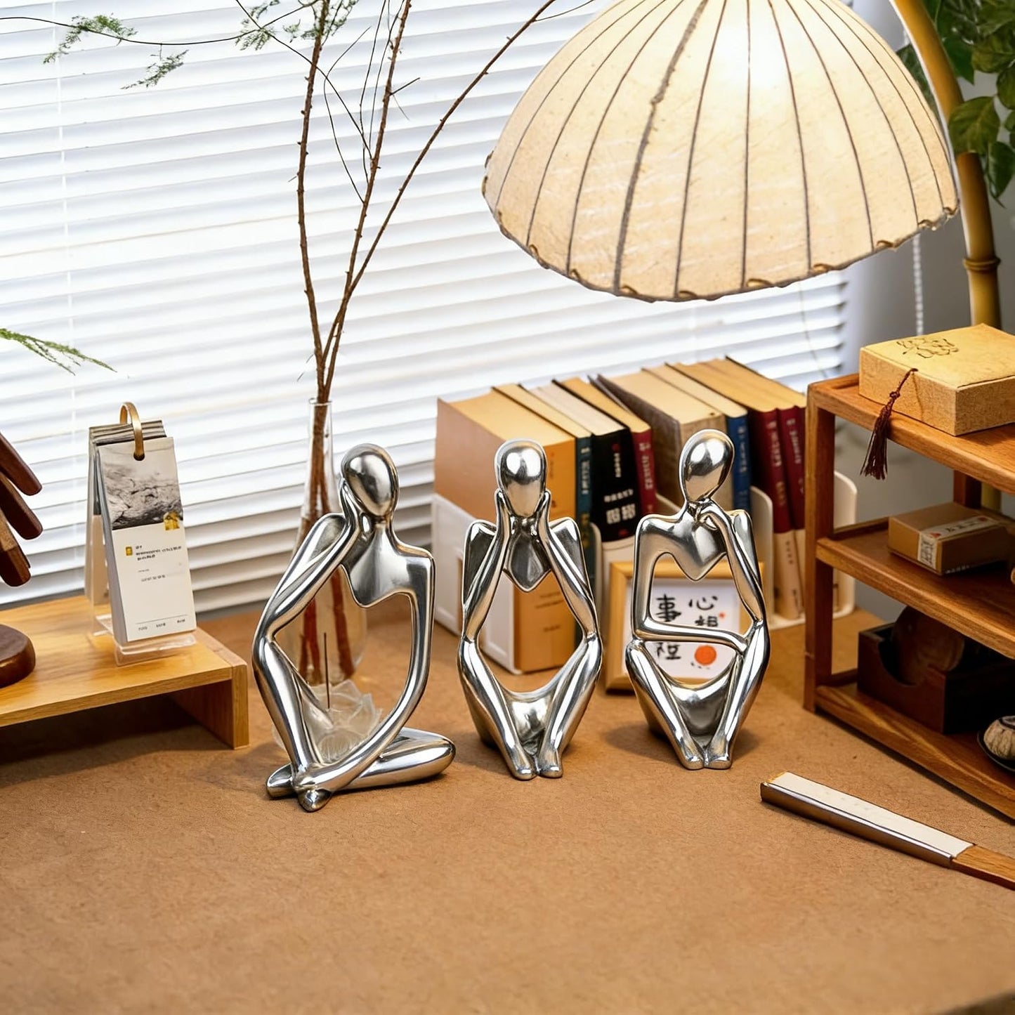 Thinker Statue Home Decor-Bookshelf & Living Room&Mantel-Collectible Figurines / Silver / Set of 3