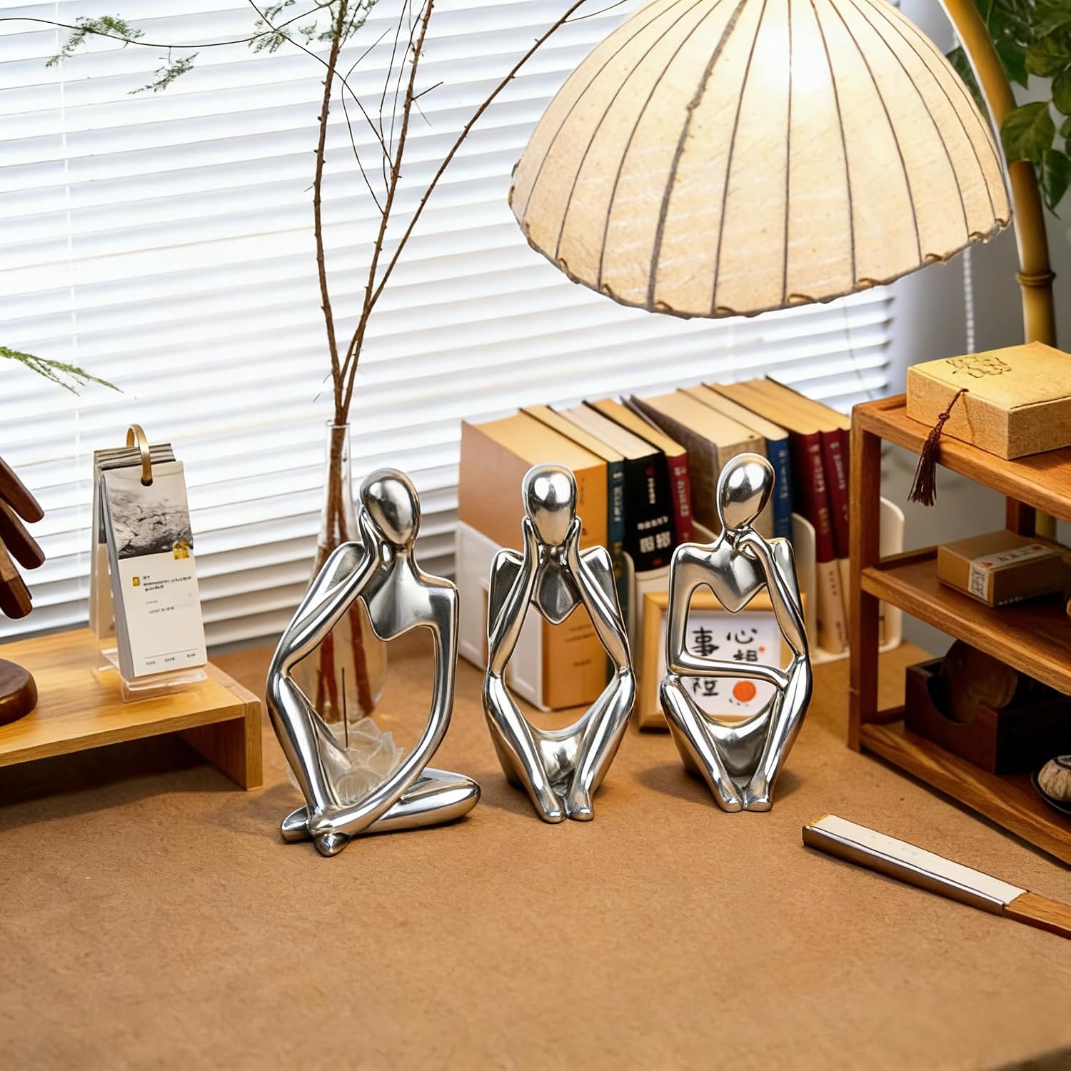 Thinker Statue Home Decor-Bookshelf & Living Room&Mantel-Collectible Figurines / Silver / Set of 3