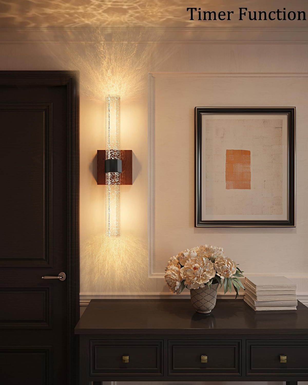 Black Walnut Battery Operated Wall Sconces Set of Two, 18.4 Inch | LED Wireless Rechargeable Wall Lights Dimmable Timer