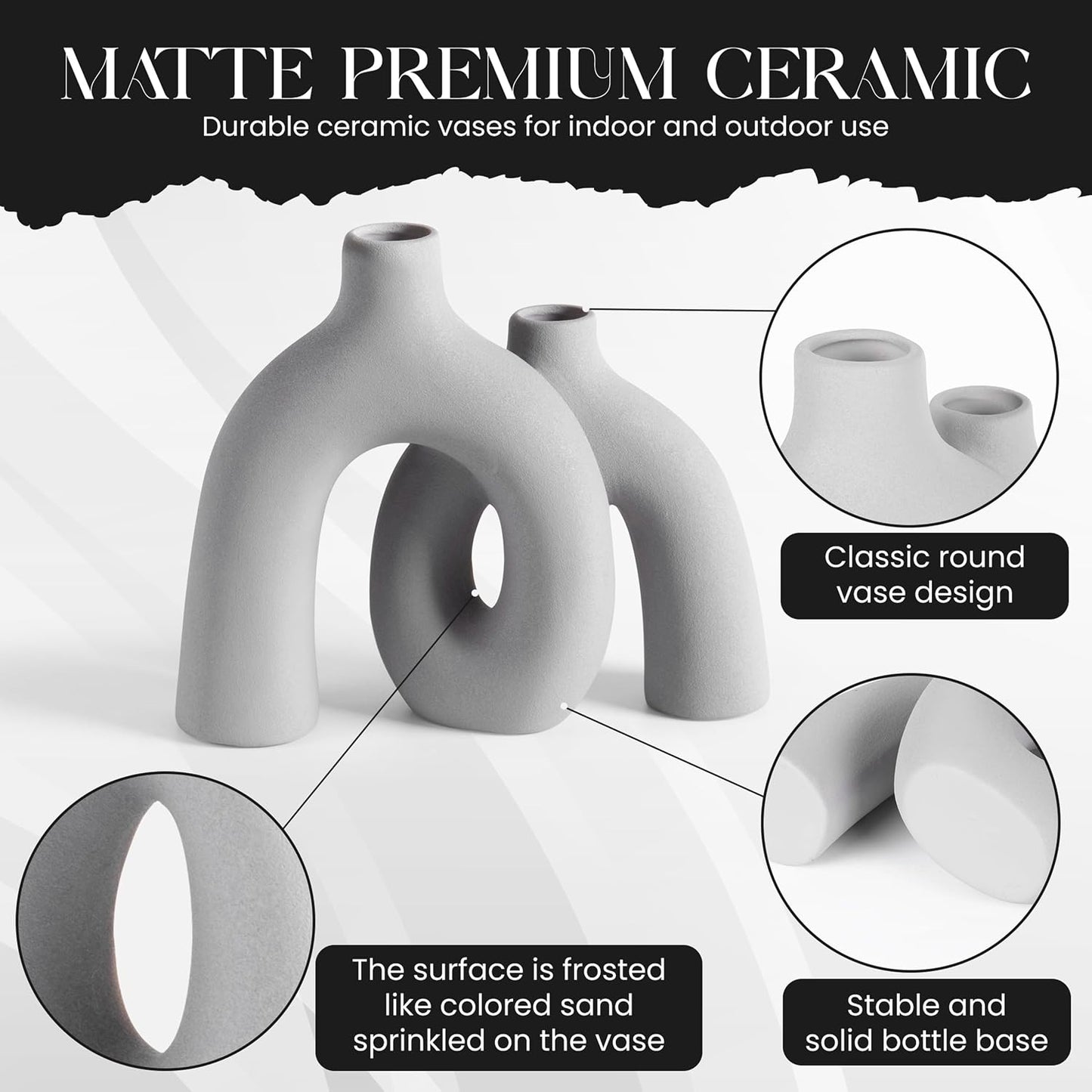 Ceramic Hug Vase Modern Donut Style Hugging Vases for Flowers Minimalist Decor / Soft Gray