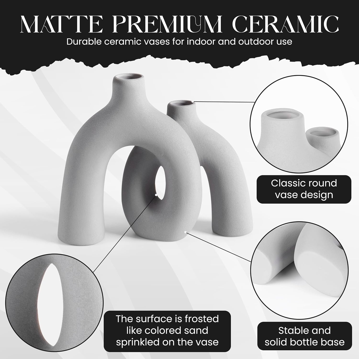 Ceramic Hug Vase Modern Donut Style Hugging Vases for Flowers Minimalist Decor / Soft Gray