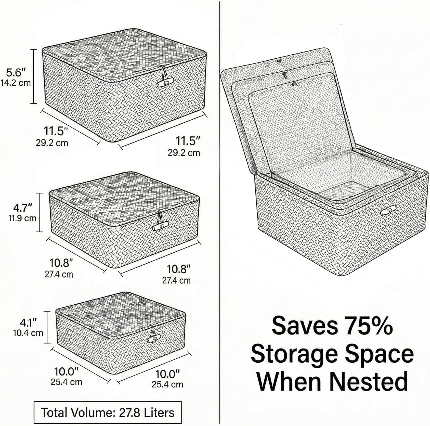 Square Seagrass Storage Bins / Set of 3