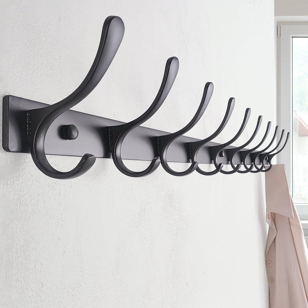 SKOLOO Coat Rack Wall Mounted - 10 Hooks, Heavy Duty, Stainless Steel, Metal Wall Hangers, Sturdy Coat Hooks for