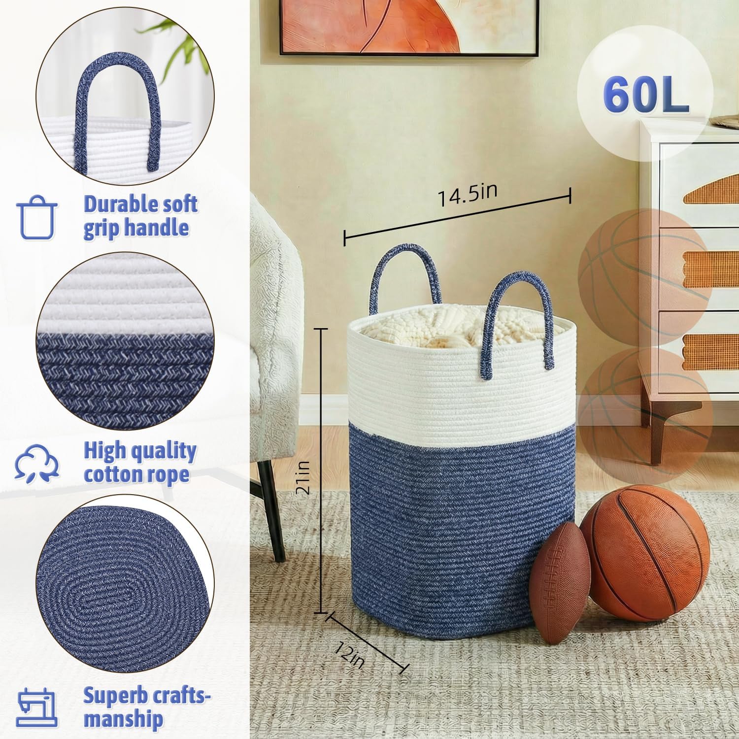 Laundry Basket / Woven Cotton Rope Laundry Hamper / 60L / Blue