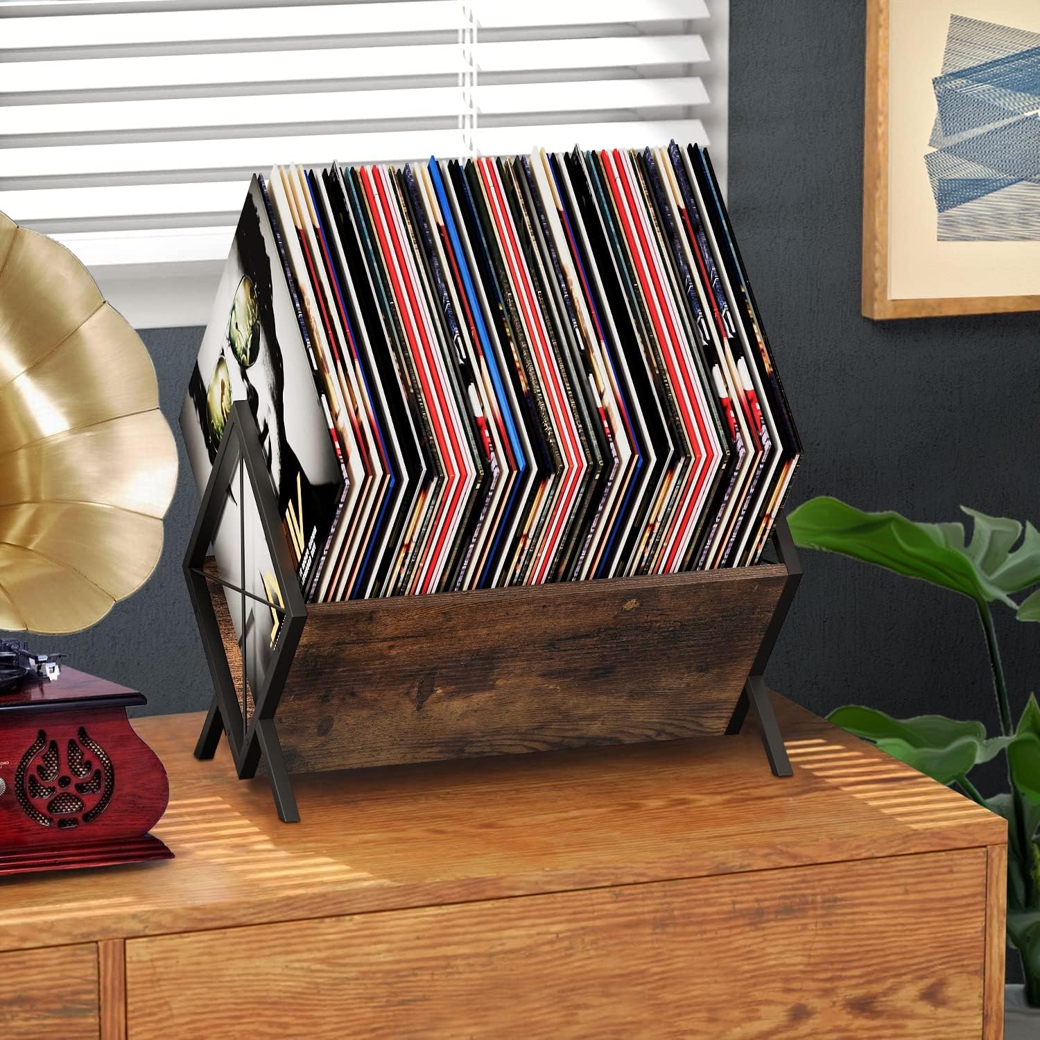 YINMIT Vinyl Record Holder, 80-100 LP Vinyl Record Storage Rack, Quick Assembly Vinyl Record Display, Retro Style