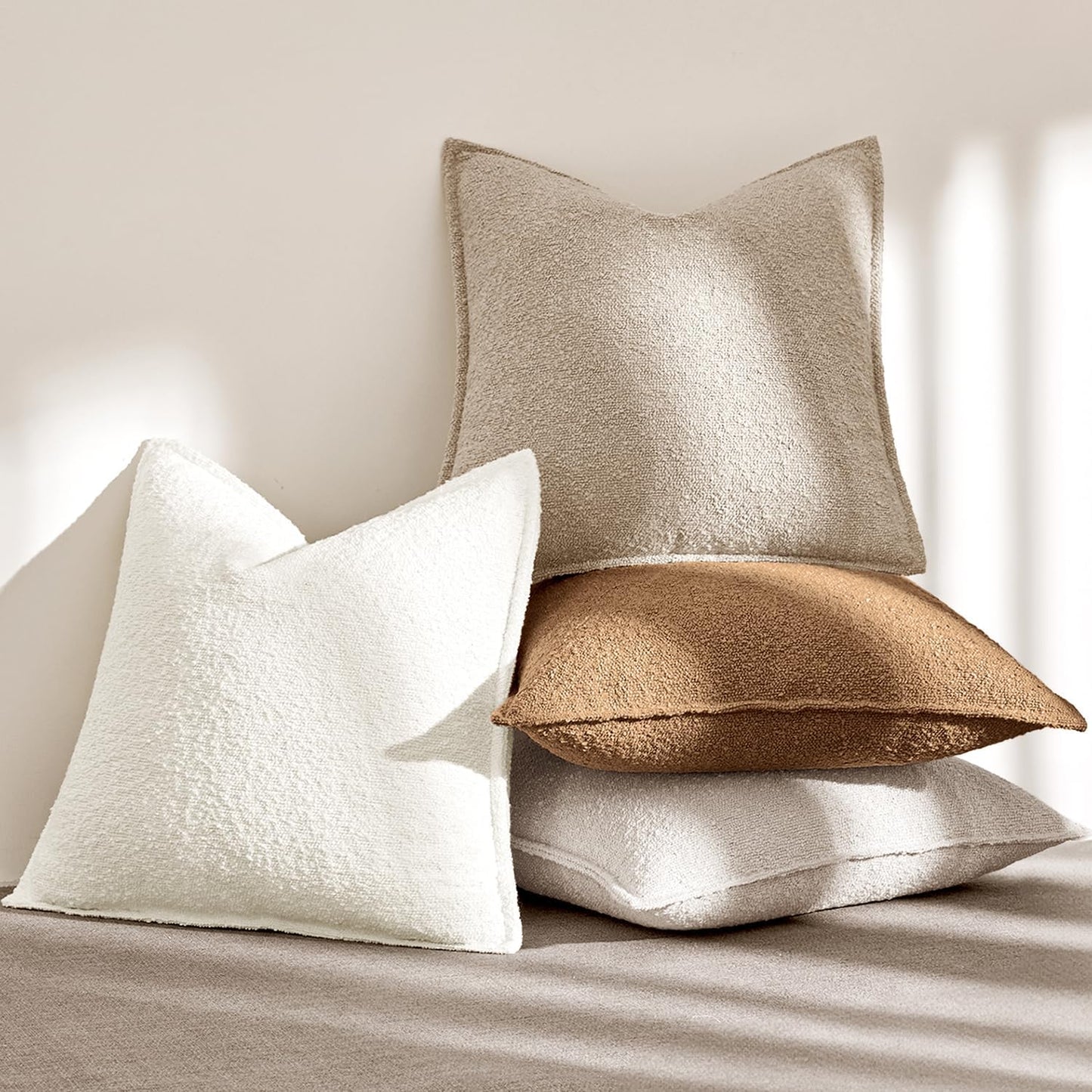 Decorative Textured Boucle Throw Pillow Covers Broadside Thick Boho / 18 x 18 / Oatmeal / Set of 2