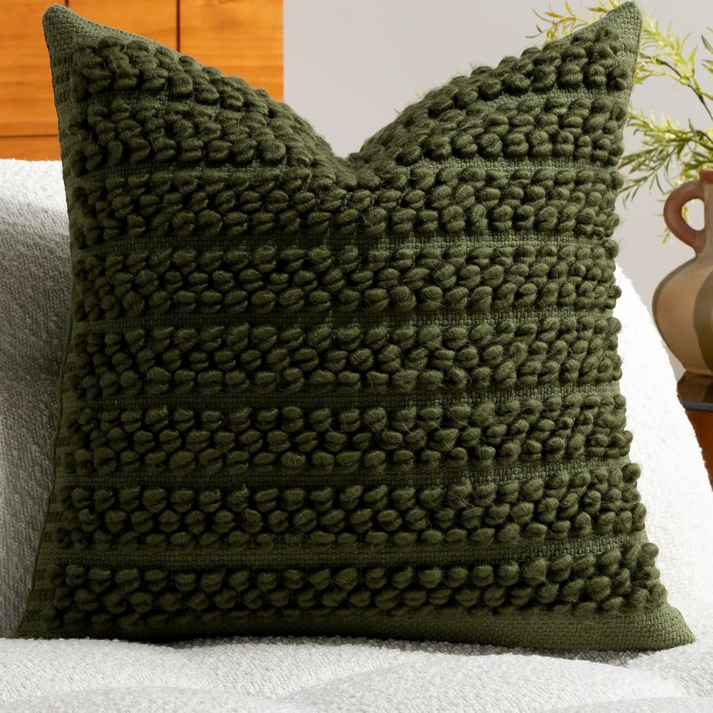 Wool Boucle Throw Pillow Cover Chic Accents Square Textured Decorative / Olive Green / 18 x 18