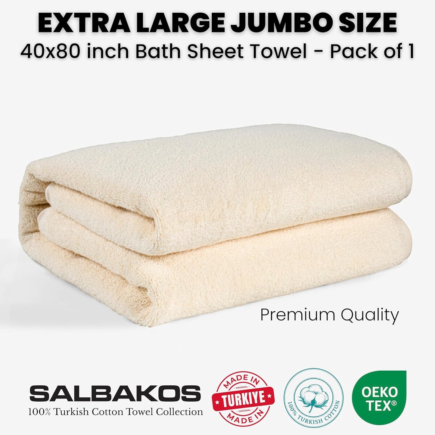 SALBAKOS Luxury 100% Turkish Cotton Bath Sheet 40x80 in (1-Piece, Ivory) | Extra Large Jumbo Oversized Bathroom and