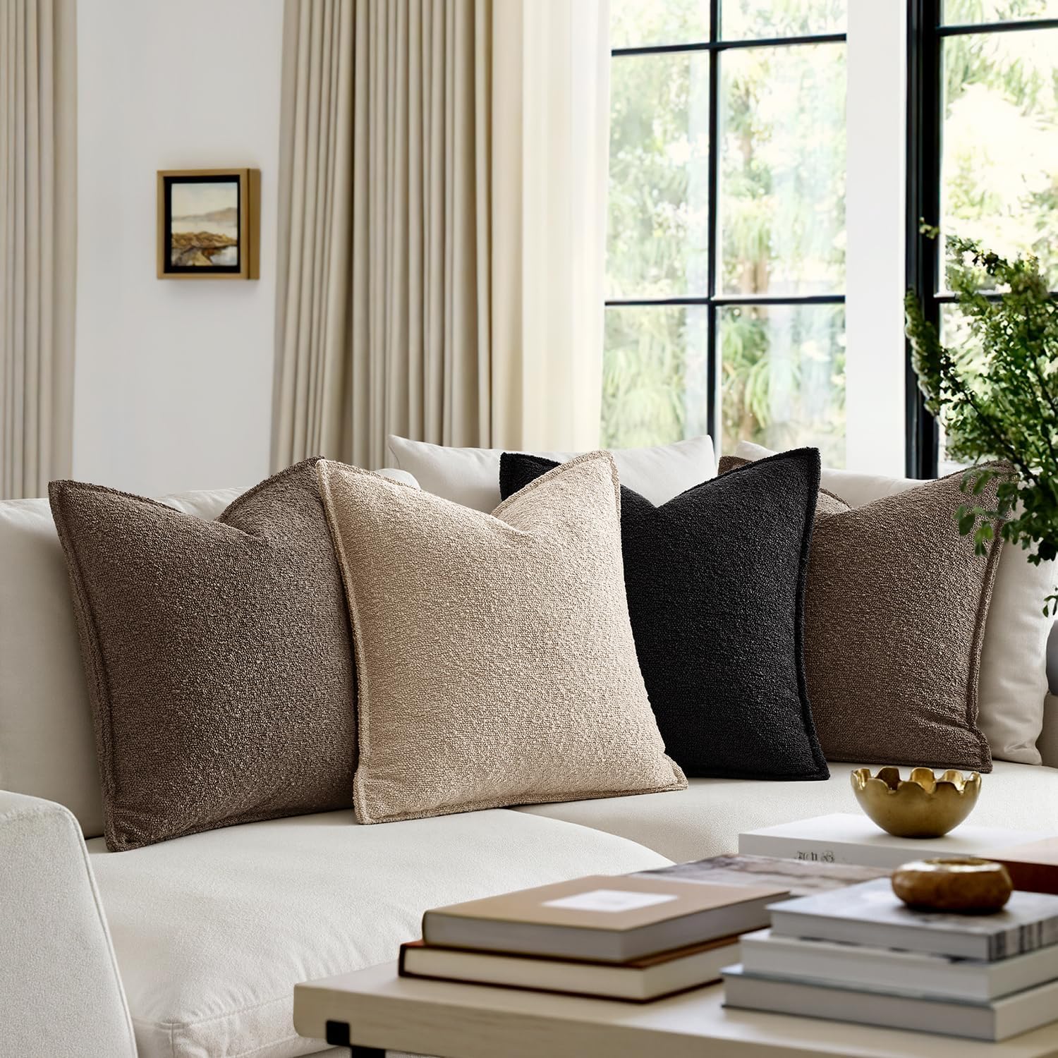 Decorative Textured Boucle Throw Pillow Covers Broadside Thick / 18 x 18 / Dark Brown / Set of 2