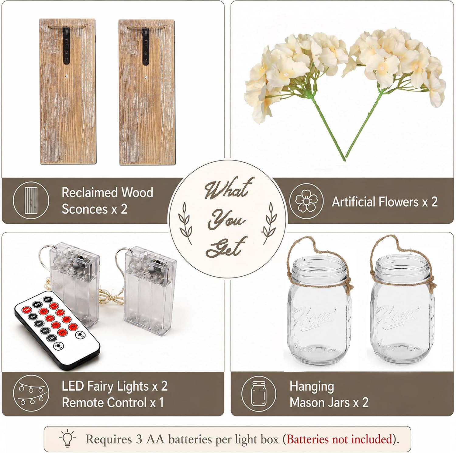 Rustic Mason Jar Sconces Wall Decor / 11"H Brown + Hydrangea / Set of 2
