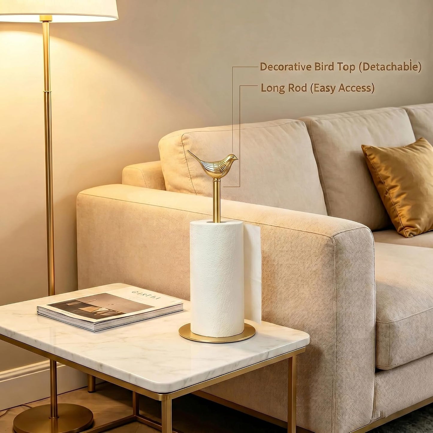Gold Paper Towel Holder Countertop Brass Papertowel Holder with Removable Bird Decor