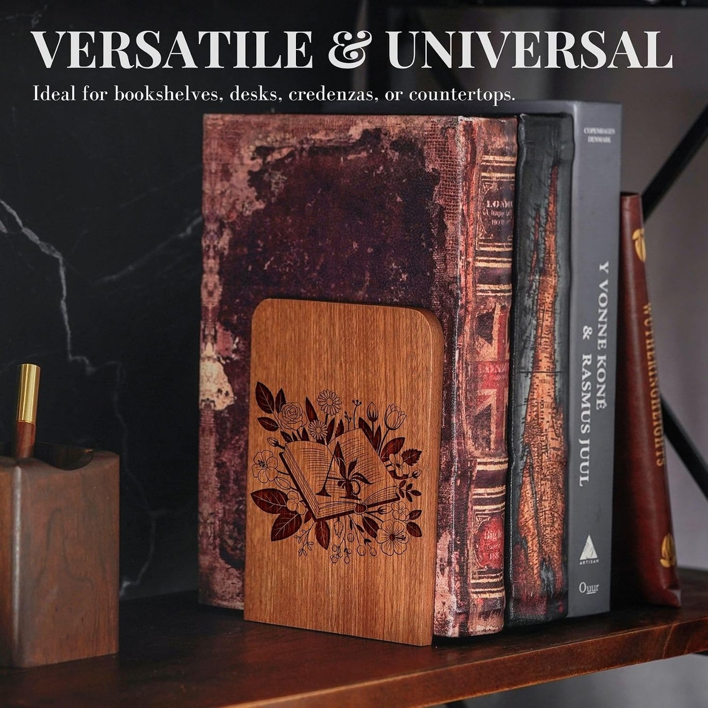 Wood Bookends / Heavy Duty Iron & Ebony Wood Book Ends / A