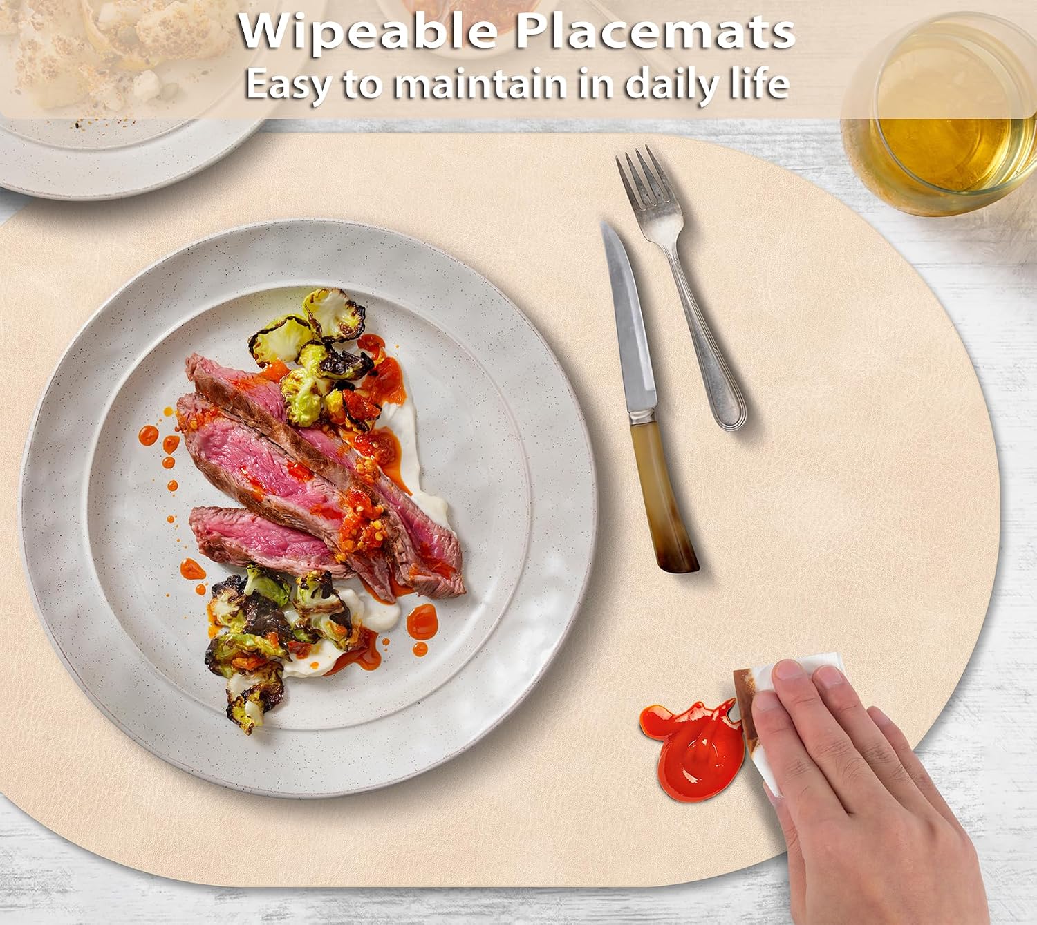 ADRIMER Placemats, Heat Resistant Oval Placemats Set of 12 Washable 12 x 17 Inch, Waterproof Table Mats, Wipeable Pu