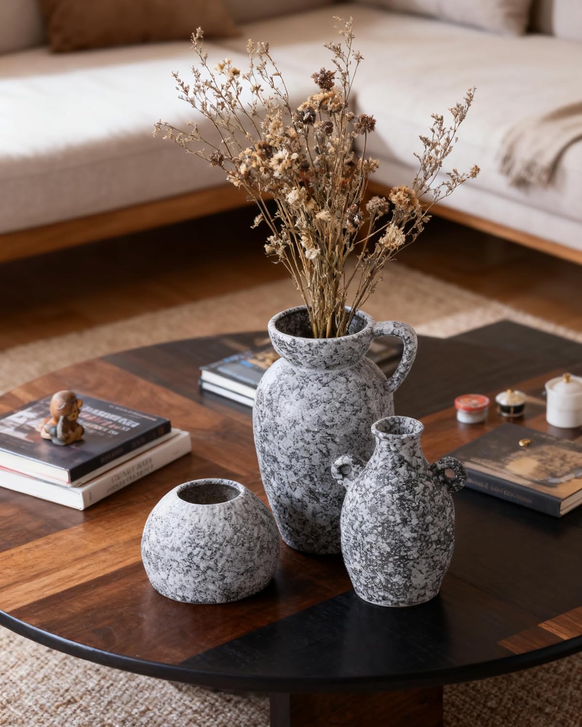 Black Ceramic Modern Rustic Farmhouse Vase Centerpiece / 16 Black & White / Set of 3