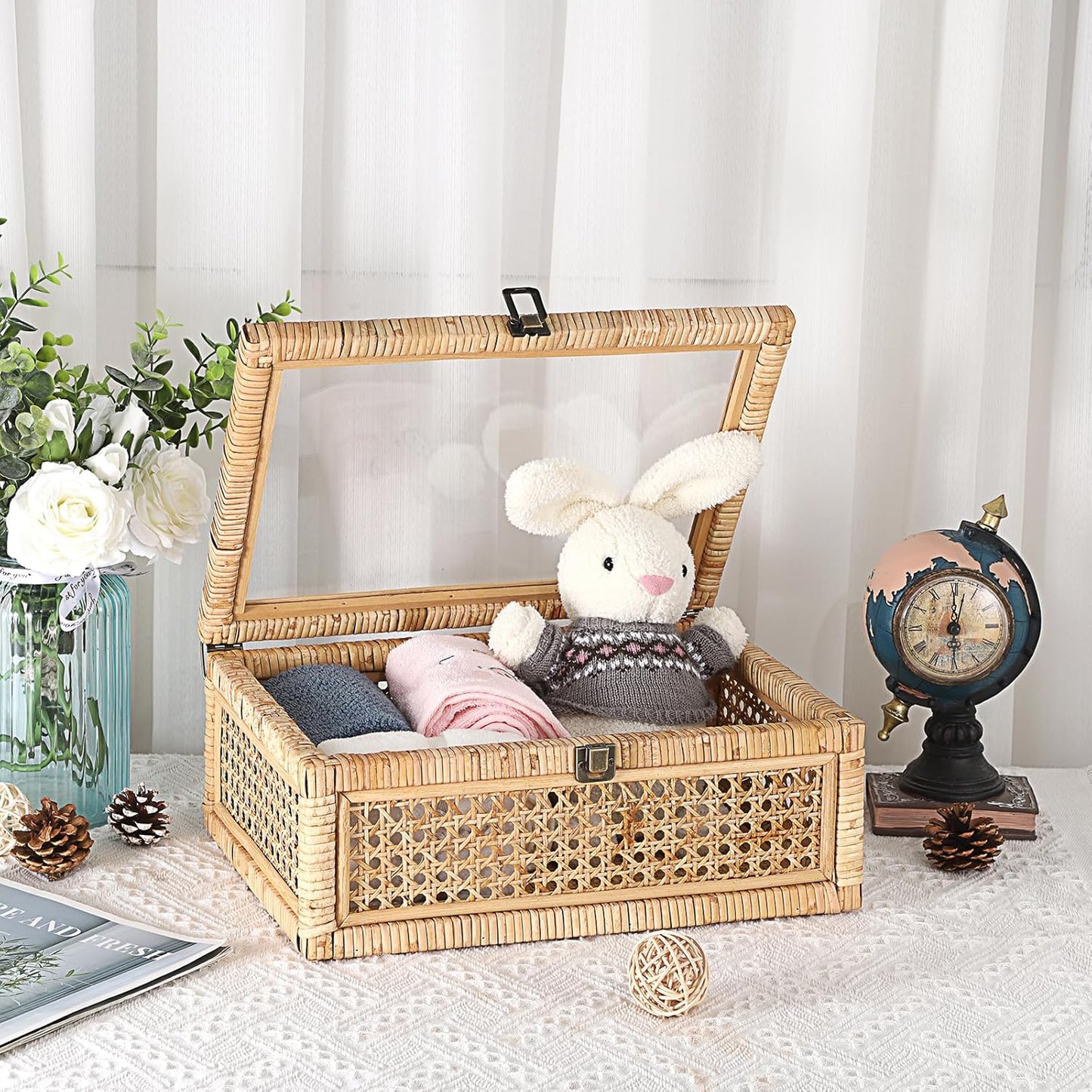 Clear Lid Rattan and Wood Display Boxes Handcrafted Shelf / 14 x 10 x 5.7 / Large / Natural Color