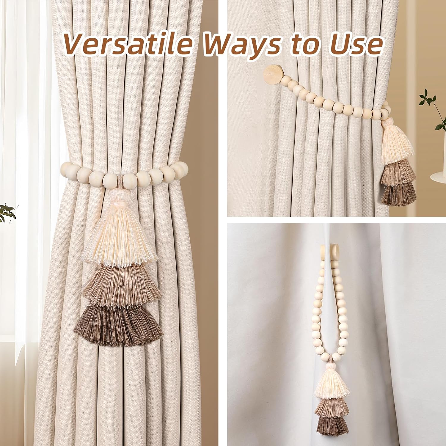 4 Pack Magnetic Curtain Tiebacks with 3-Tier Tassel, Wood Bead Curtain Holdbacks No Drill, Boho Curtain Tie Backs