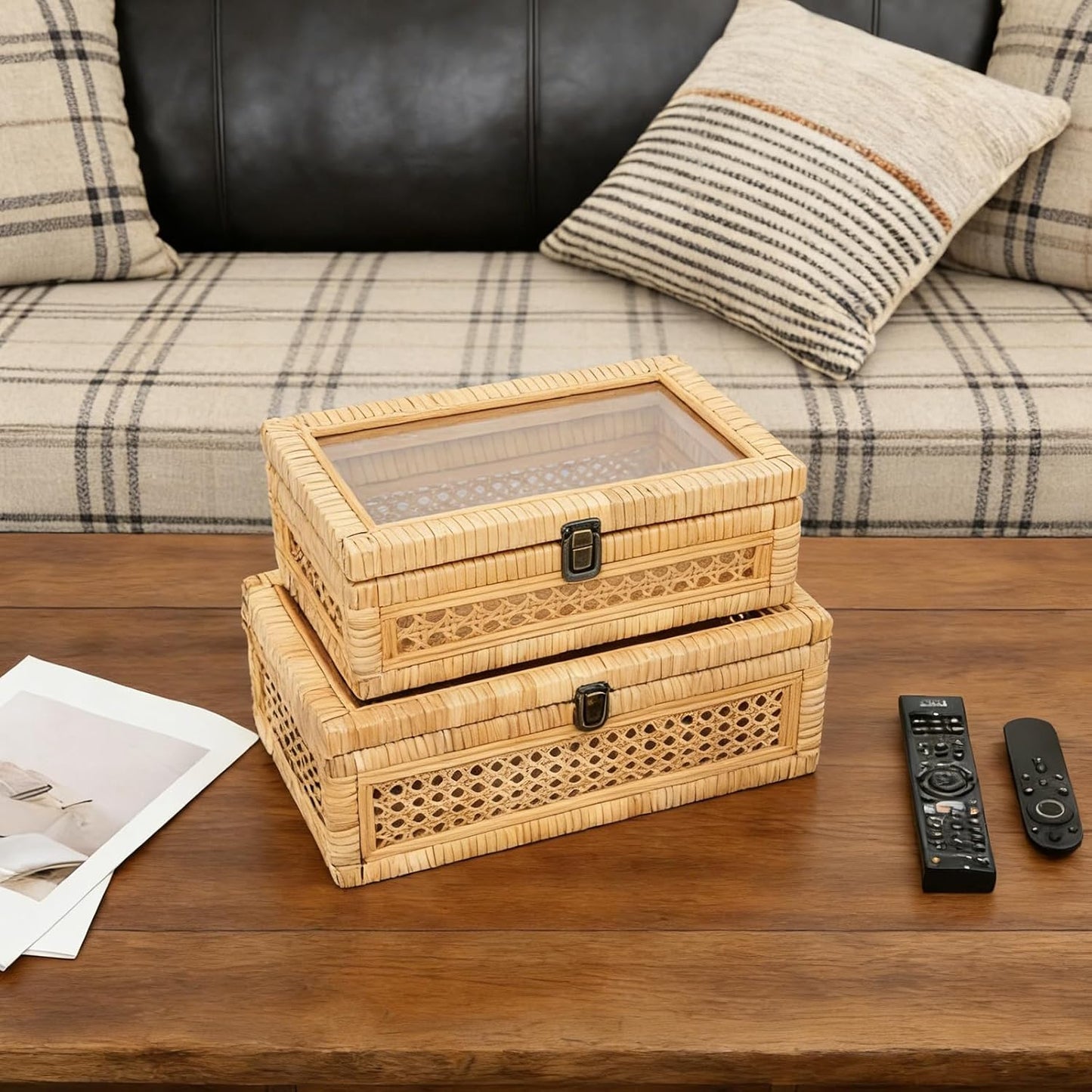 Cane Stacking Boxes / 14.1 x 8.2 x 5.1 / Rattan / Set of 2