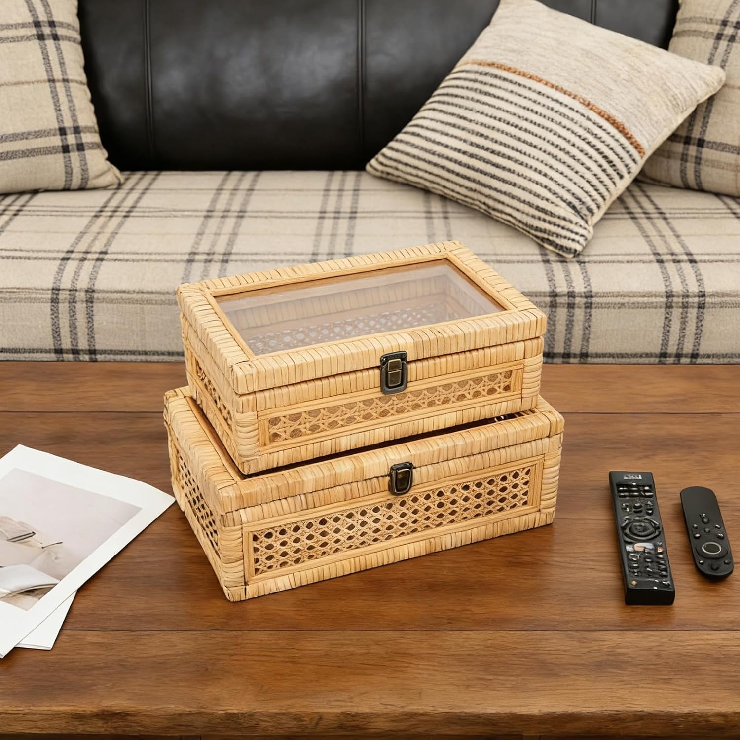 Cane Stacking Boxes / 14.1 x 8.2 x 5.1 / Rattan / Set of 2