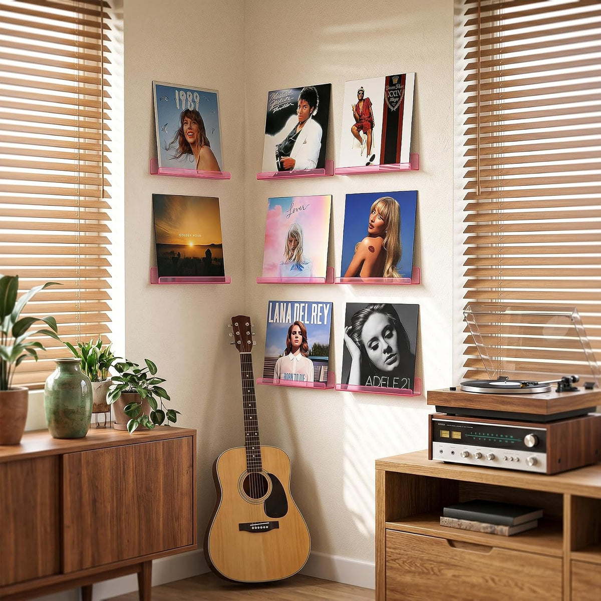 Vinyl Record Wall Mount Shelves, 12 inch Vinyl Holder, 8 Pack, Pink | Acrylic Floating Shelves for Album Record Storage