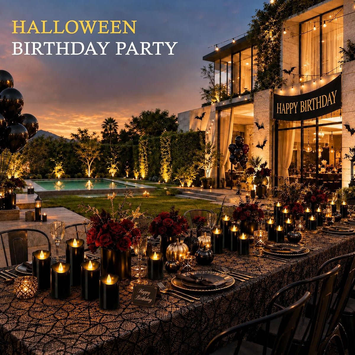 Outdoor Flameless Candles, Patented 3D Dual-LED, Set of 9 Slanted Resin Pillars with 2 Remotes, Bulk Party Decor for